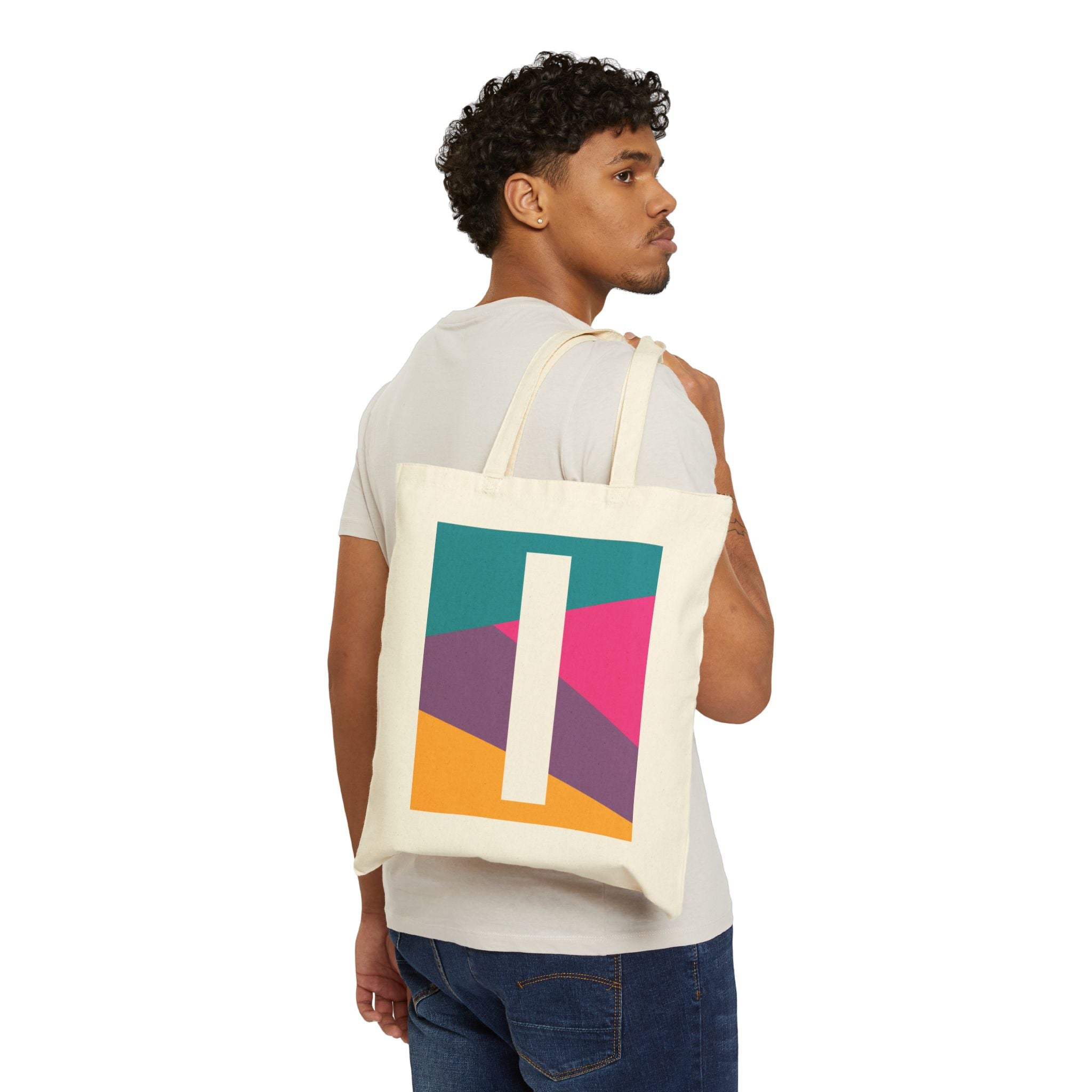 Initial I Colorblock Canvas Tote Bag — Monogram Letter I Reusable Grocery Tote
