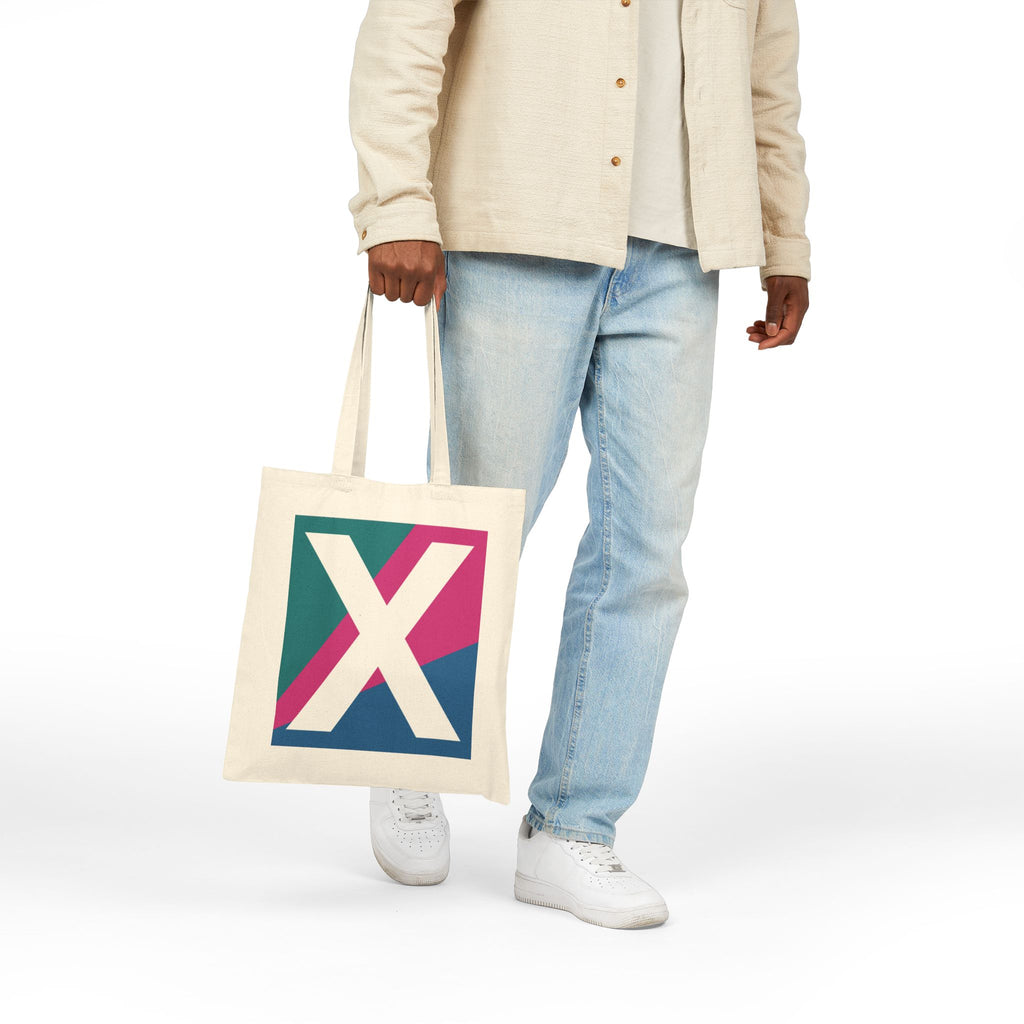 Initial X Colorblock Canvas Tote Bag — Monogram Letter X Reusable Grocery Tote