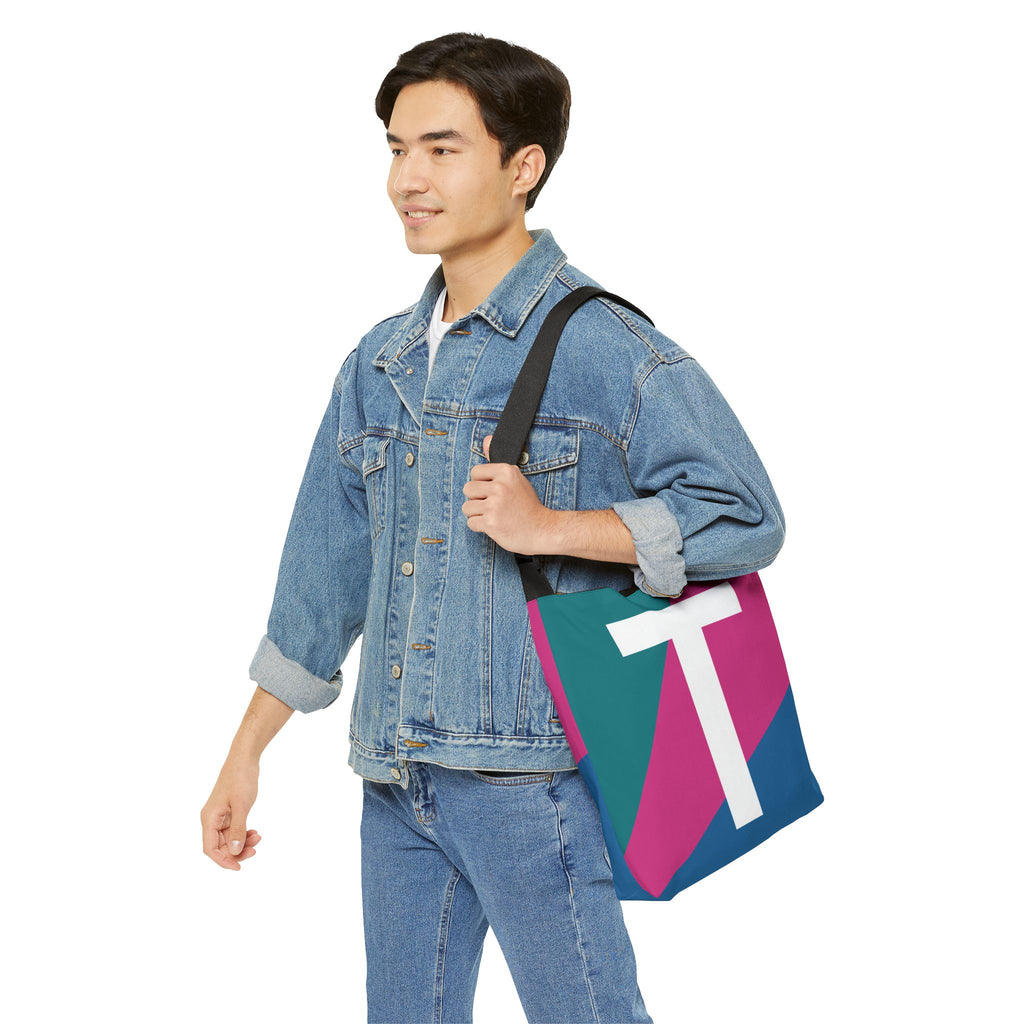 Initial Letter 'T' Colorblock Adjustable Tote Bag — Monogram Alphabet Shoulder Bag