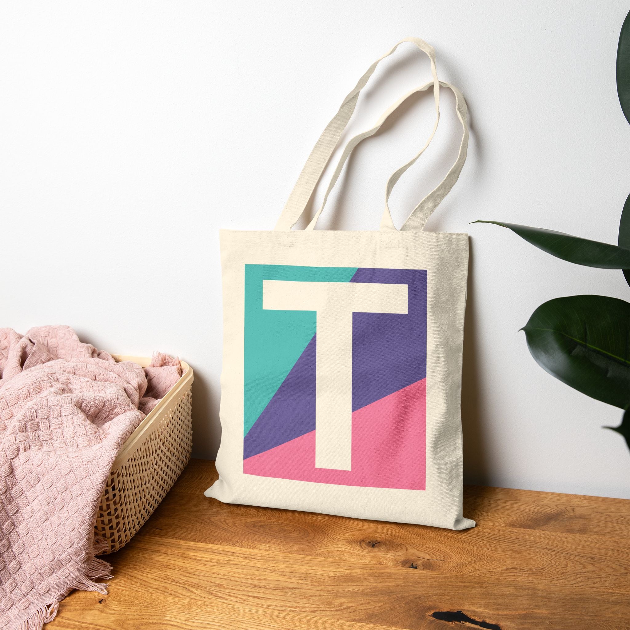 Initial T Colorblock Canvas Tote Bag — Monogram Letter T Reusable Grocery Tote