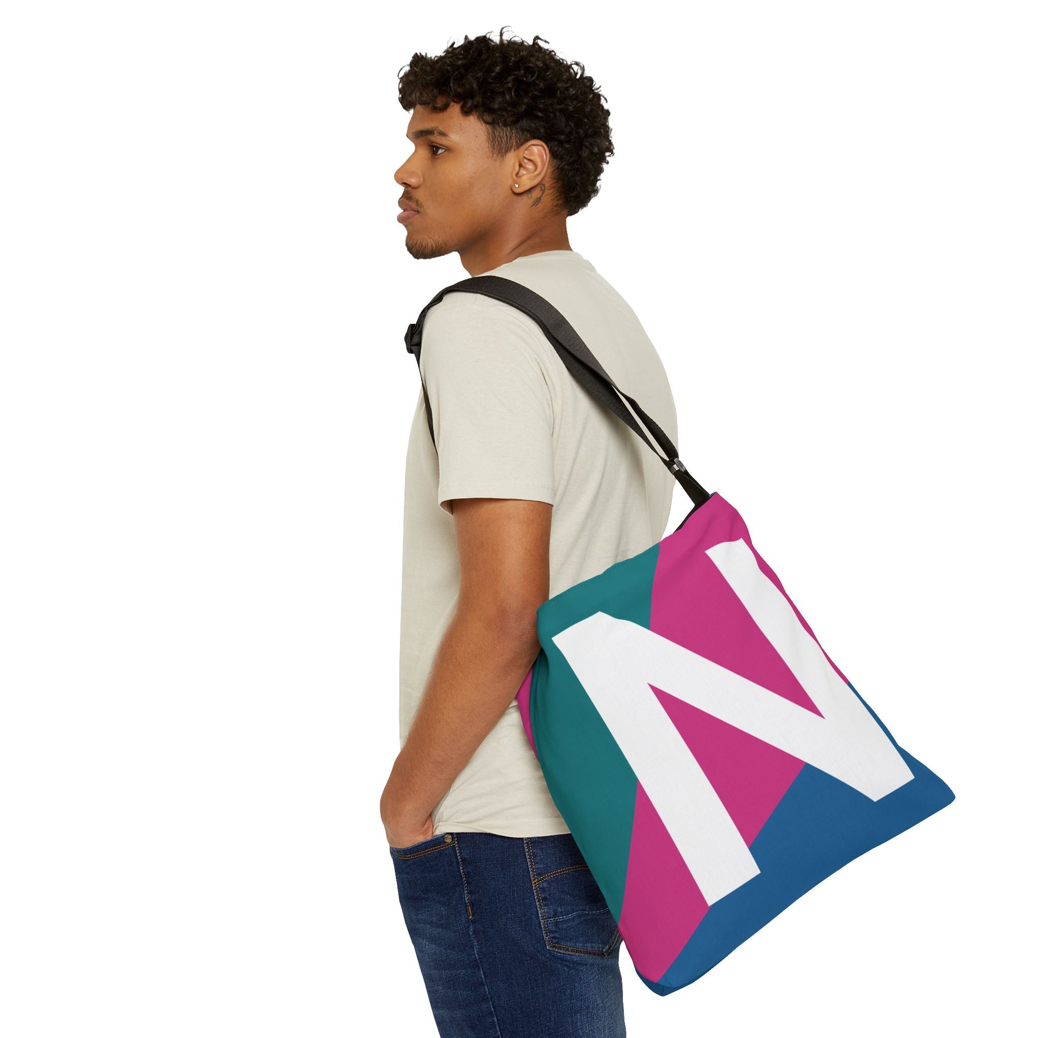 Initial Letter 'N' Colorblock Adjustable Tote Bag — Monogram Alphabet Shoulder Bag