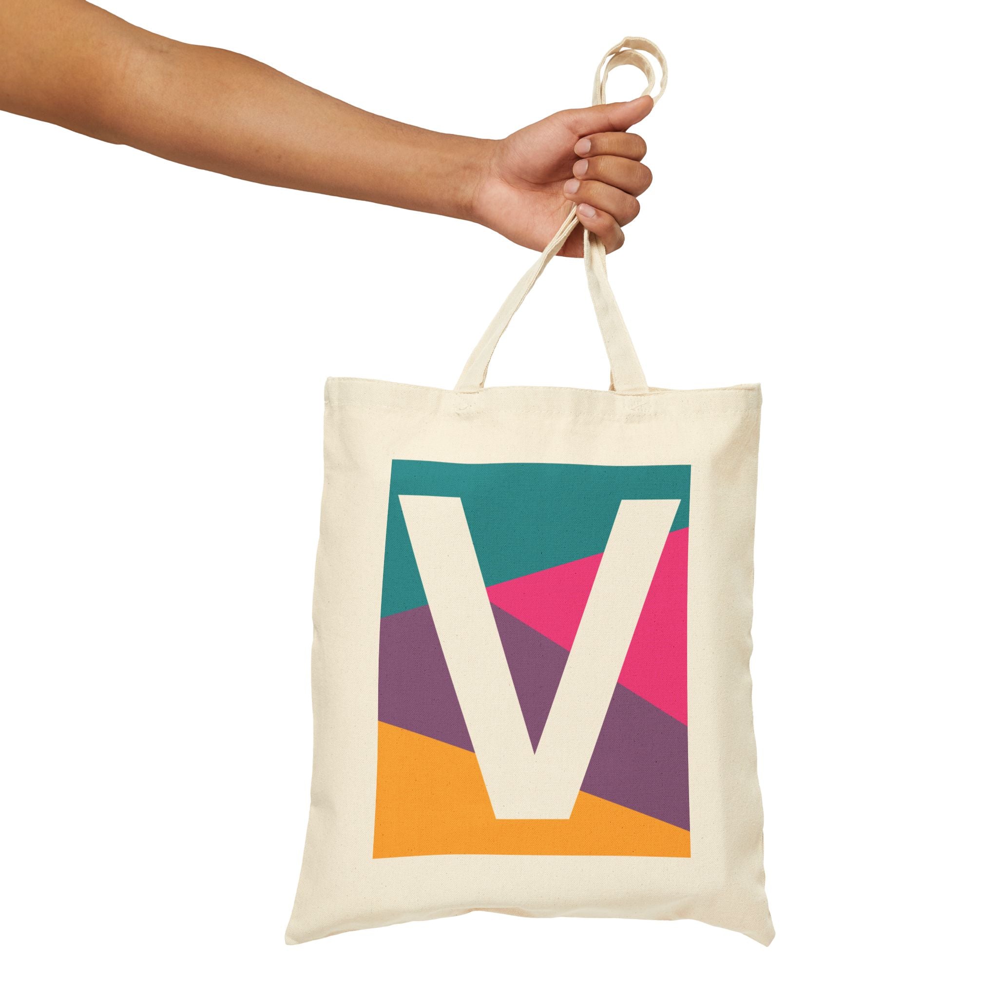 Initial V Colorblock Canvas Tote Bag — Monogram Letter V Reusable Grocery Tote