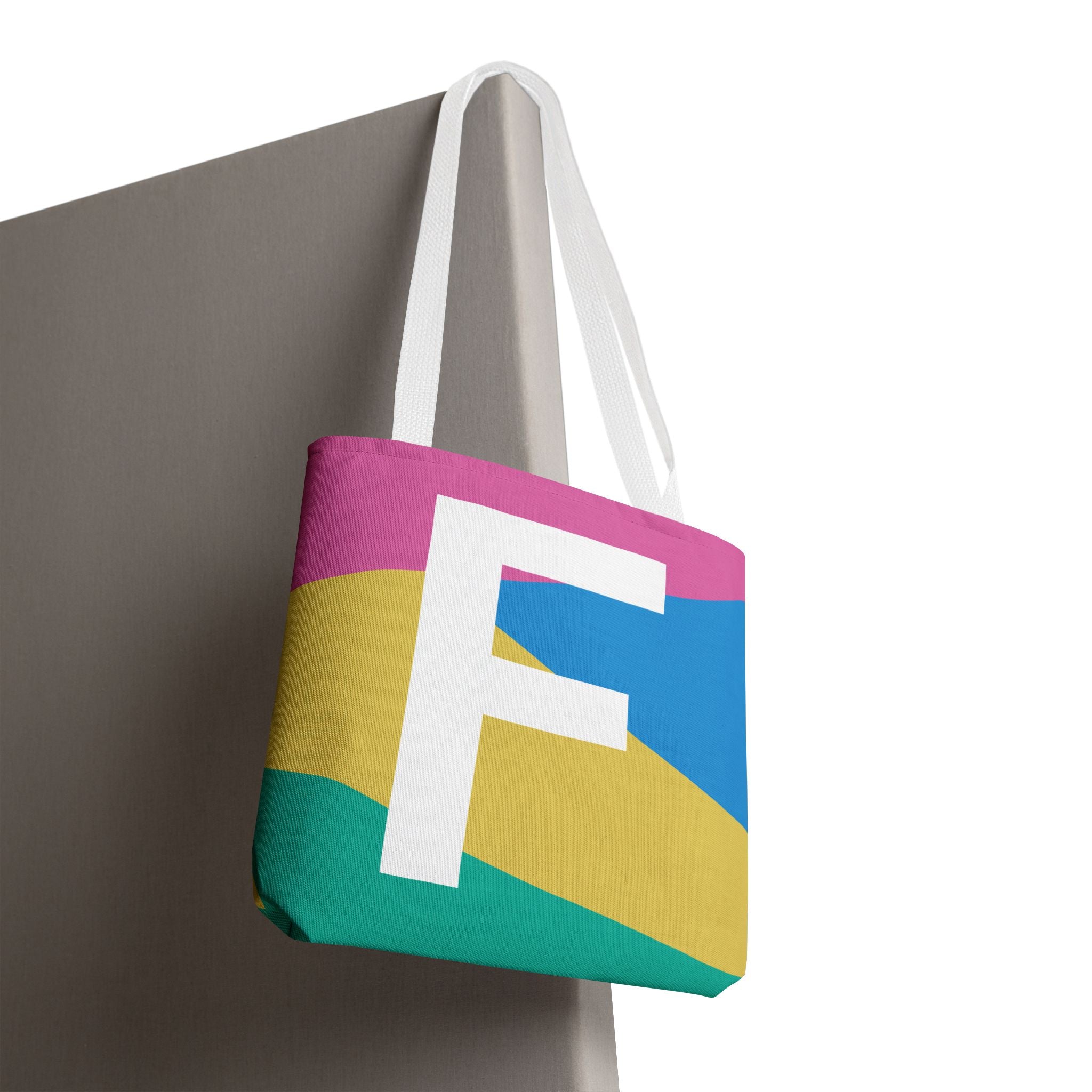 Monogram 'F' Colorblock Tote Bag — Personalized Initial F Shoulder Tote