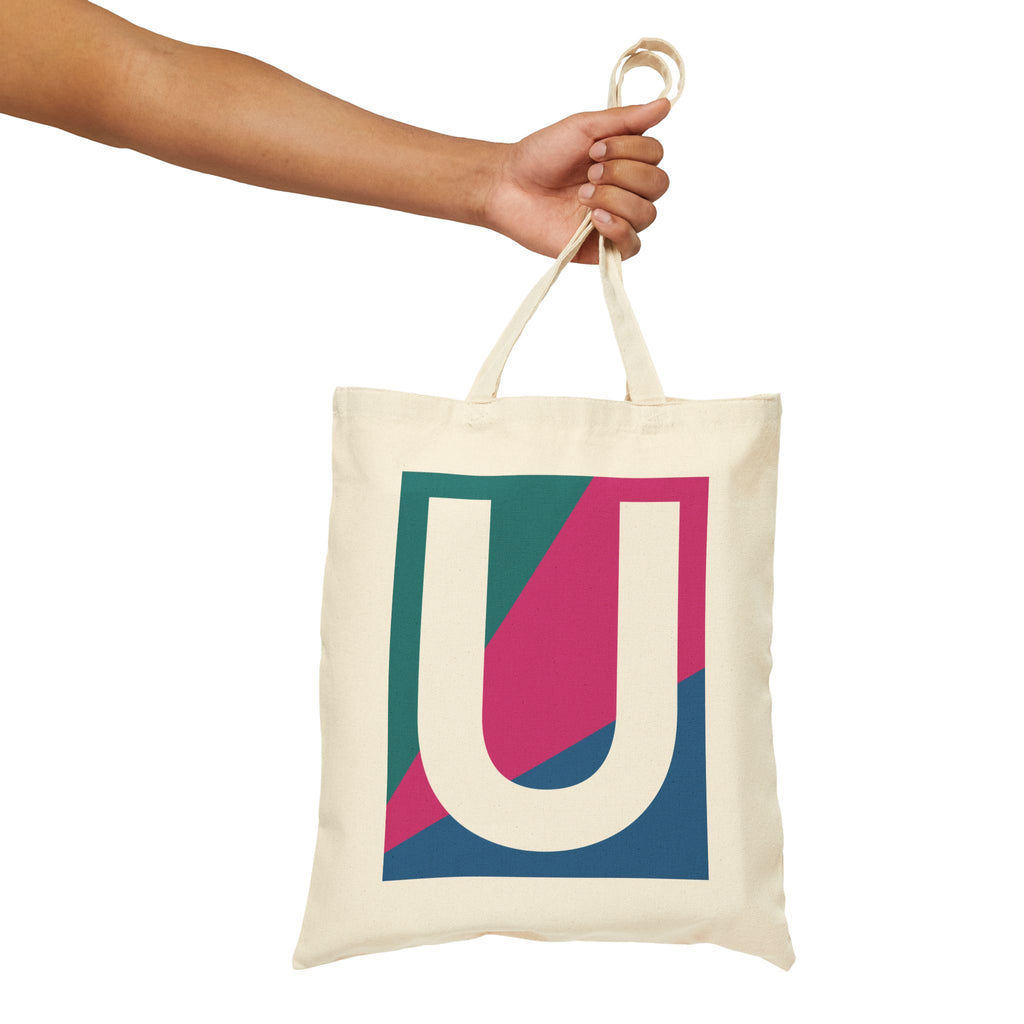 Initial U Colorblock Canvas Tote Bag — Monogram Letter U Reusable Grocery Tote