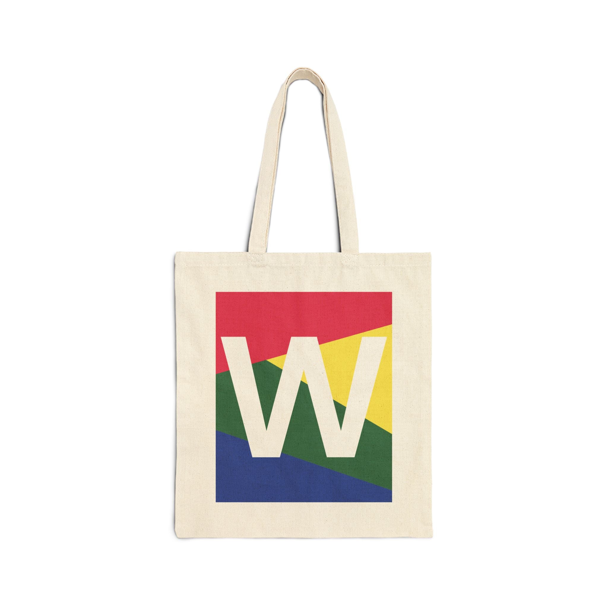 Initial W Colorblock Canvas Tote Bag — Monogram Letter W Reusable Grocery Tote