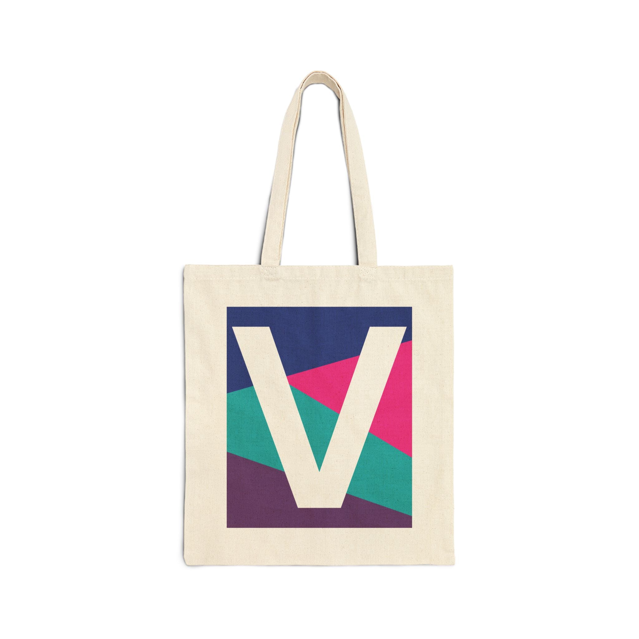 Initial V Colorblock Canvas Tote Bag — Monogram Letter V Reusable Grocery Tote