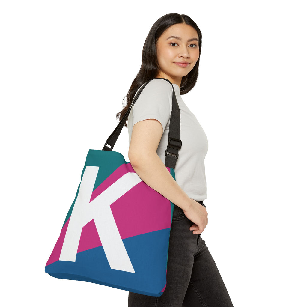 Initial Letter 'K' Colorblock Adjustable Tote Bag — Monogram Alphabet Shoulder Bag