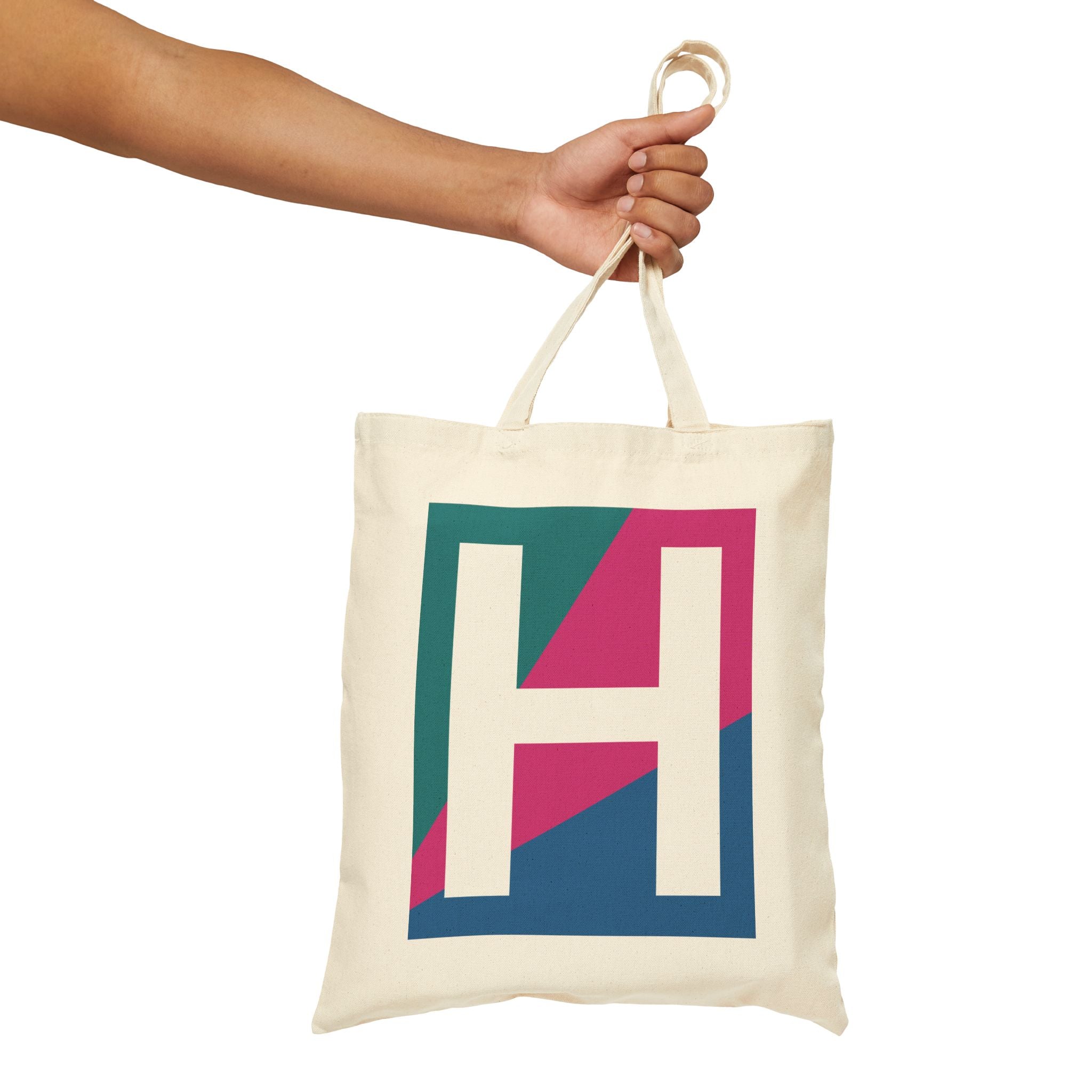 Initial H Colorblock Canvas Tote Bag — Monogram Letter H Reusable Grocery Tote