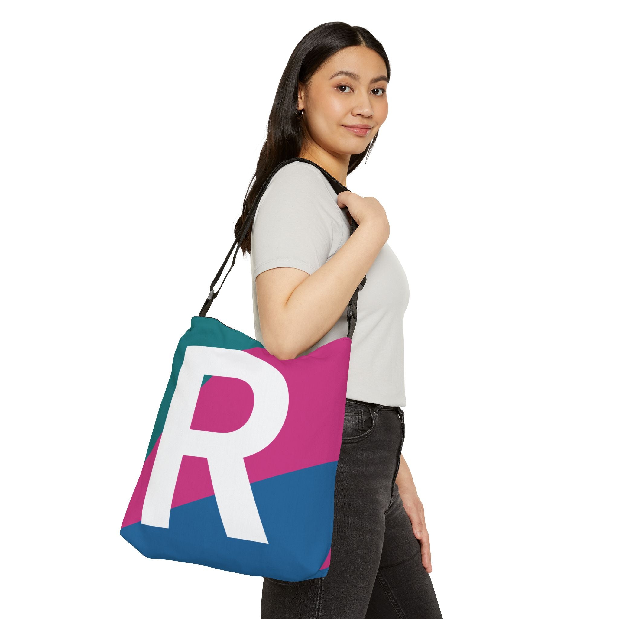 Initial Letter 'R' Colorblock Adjustable Tote Bag — Monogram Alphabet Shoulder Bag