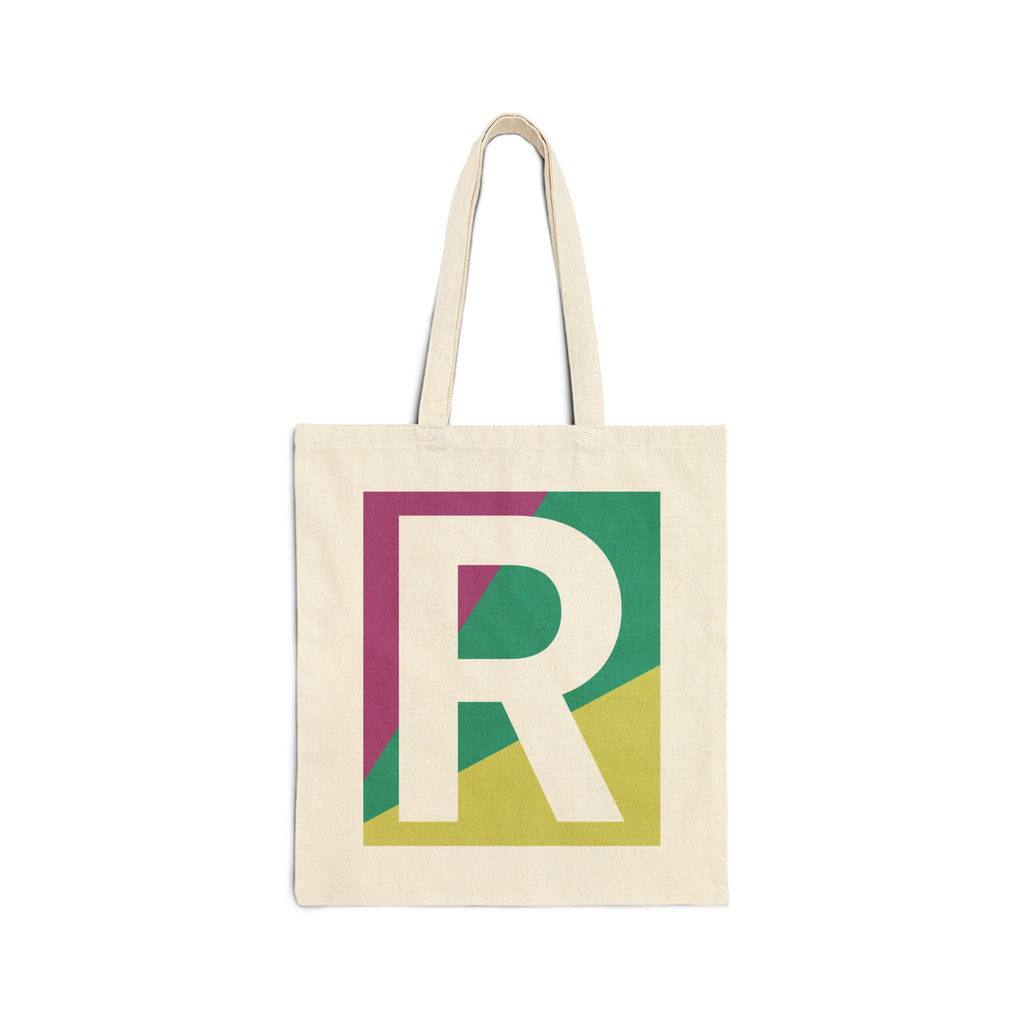 Initial R Colorblock Canvas Tote Bag — Monogram Letter R Reusable Grocery Tote