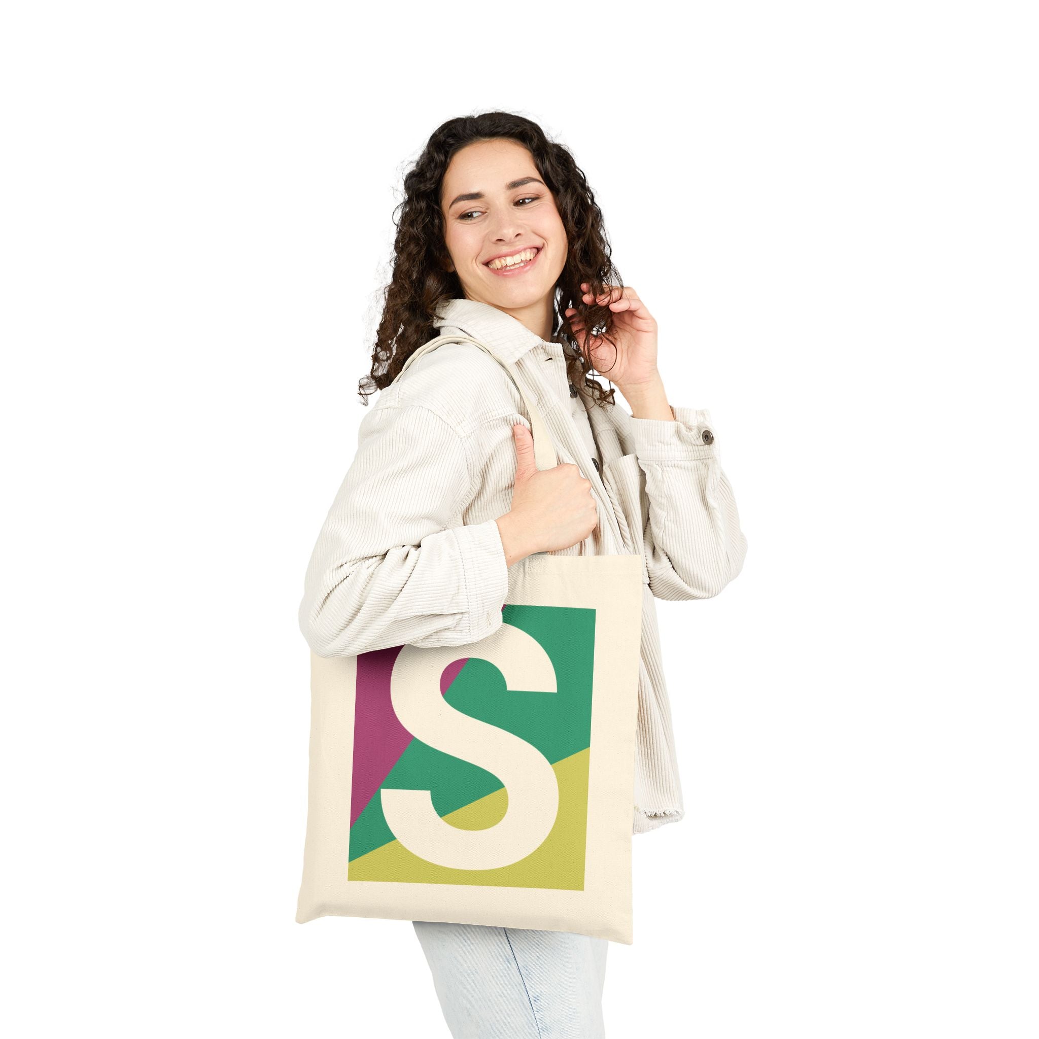 Initial S Colorblock Canvas Tote Bag — Monogram Letter S Reusable Grocery Tote