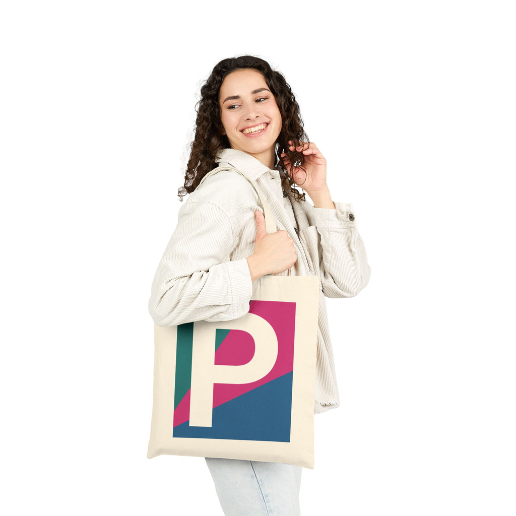 Initial P Colorblock Canvas Tote Bag — Monogram Letter P Reusable Grocery Tote