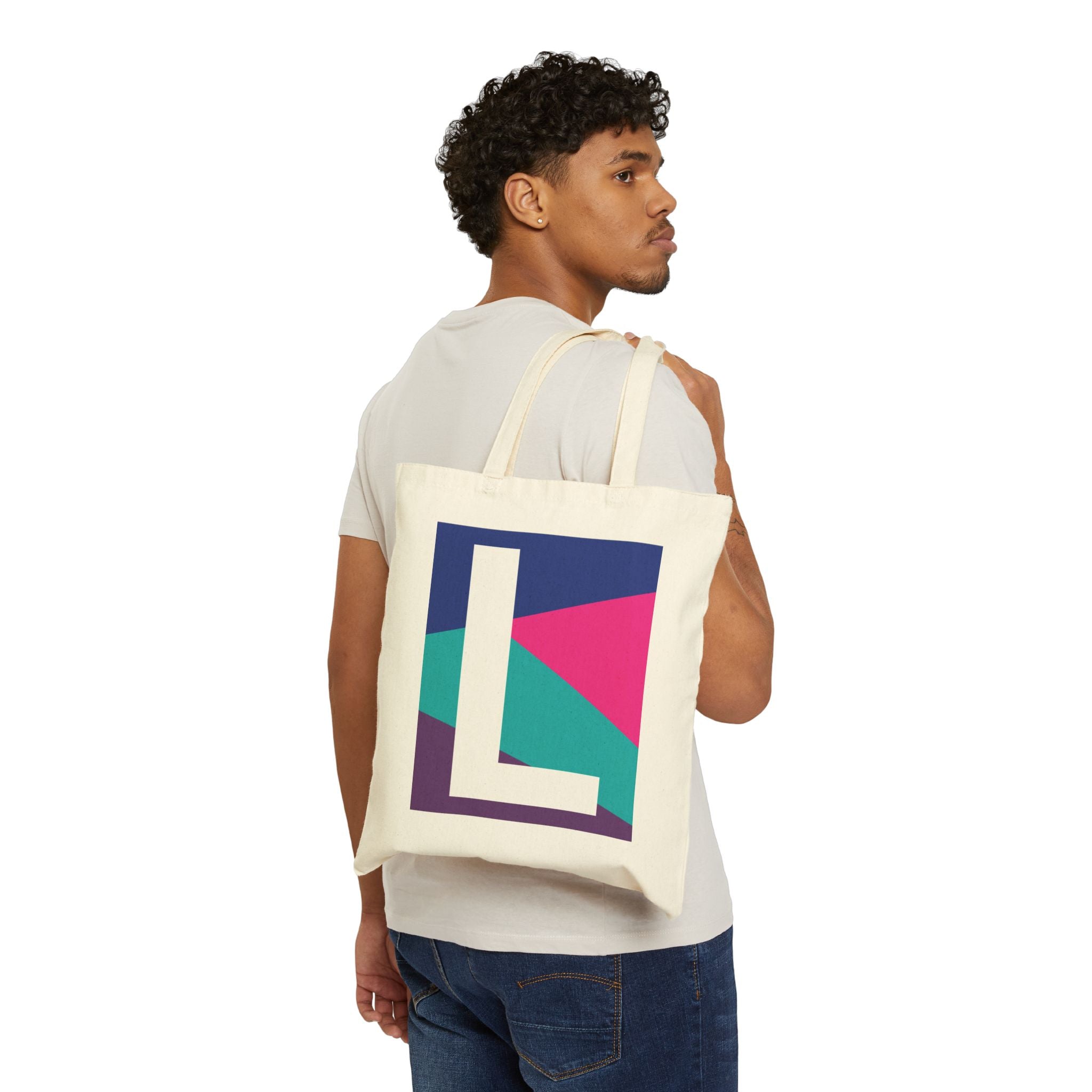 Initial L Colorblock Canvas Tote Bag — Monogram Letter L Reusable Grocery Tote