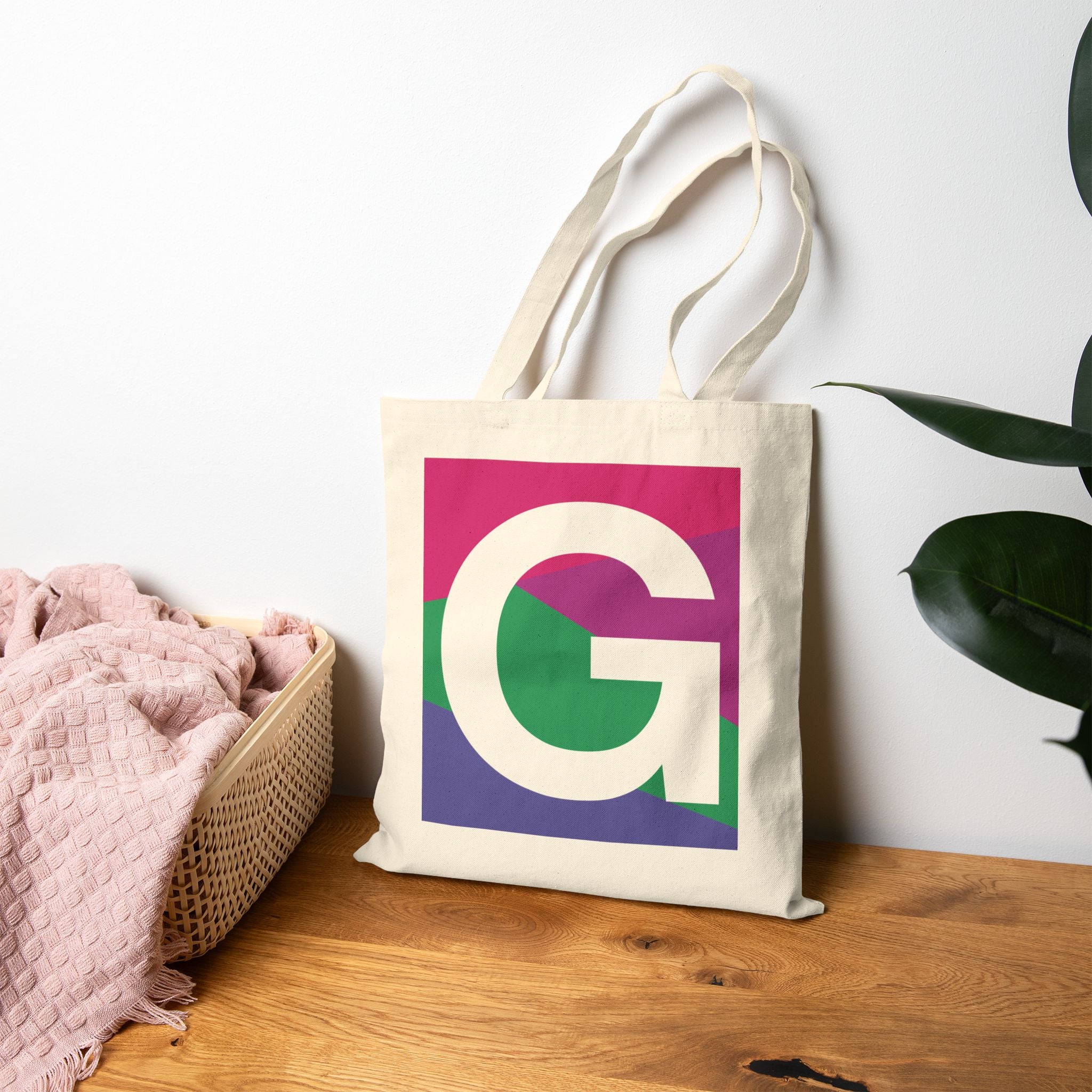 Initial G Colorblock Canvas Tote Bag — Monogram Letter G Reusable Grocery Tote