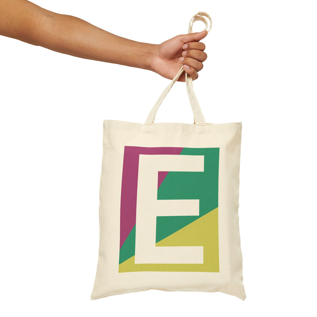 Initial E Colorblock Canvas Tote Bag — Monogram Letter E Reusable Grocery Tote