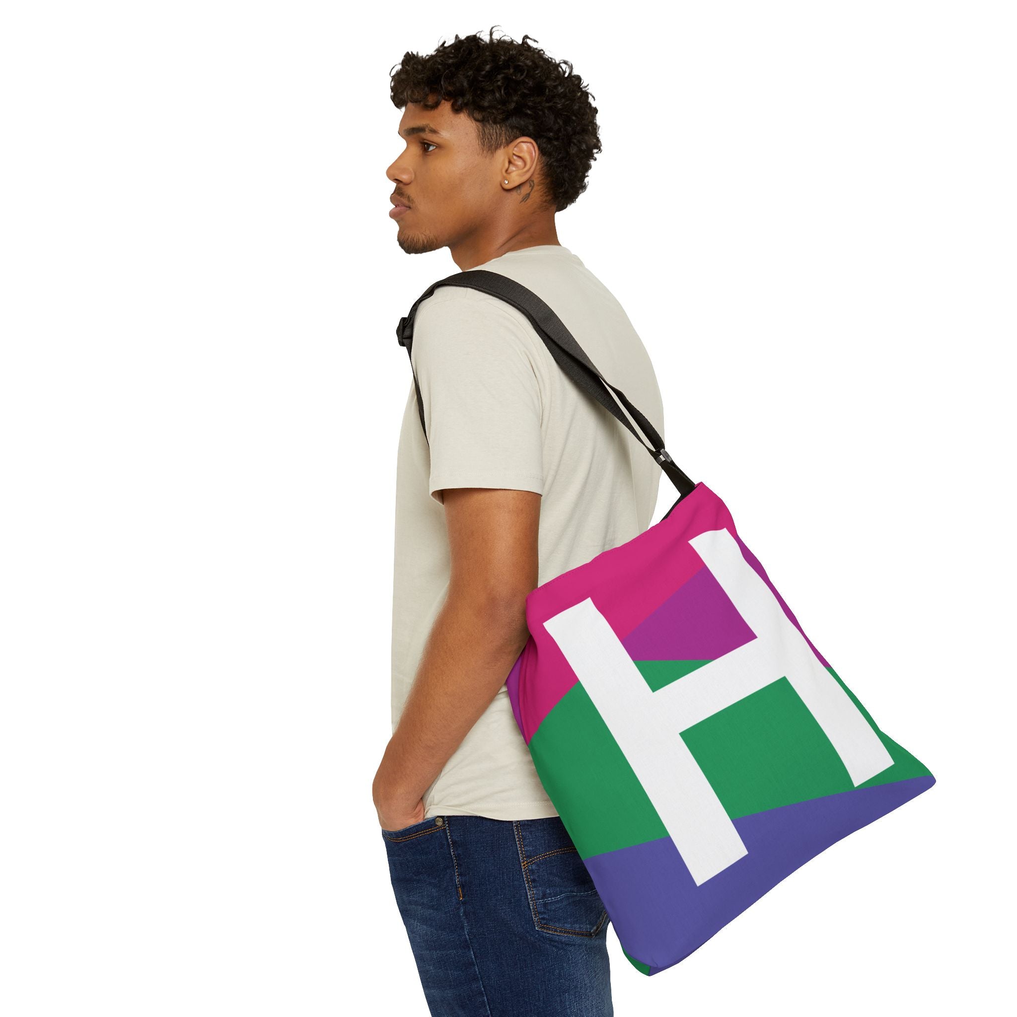 Initial Letter 'H' Colorblock Adjustable Tote Bag — Monogram Alphabet Shoulder Bag