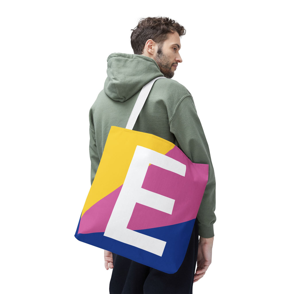 Monogram 'E' Colorblock Tote Bag — Personalized Initial E Shoulder Tote