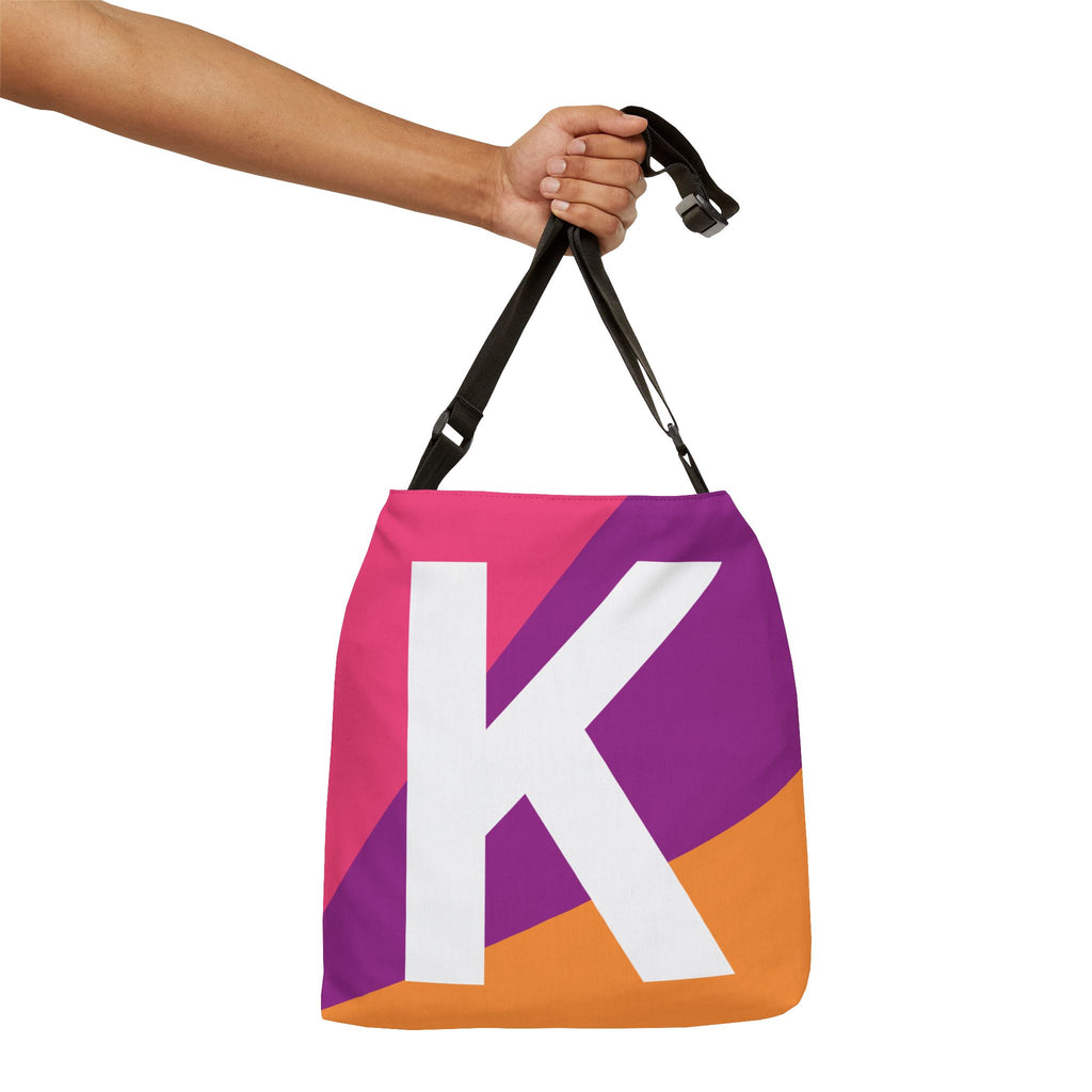 Initial Letter 'K' Colorblock Adjustable Tote Bag — Monogram Alphabet Shoulder Bag