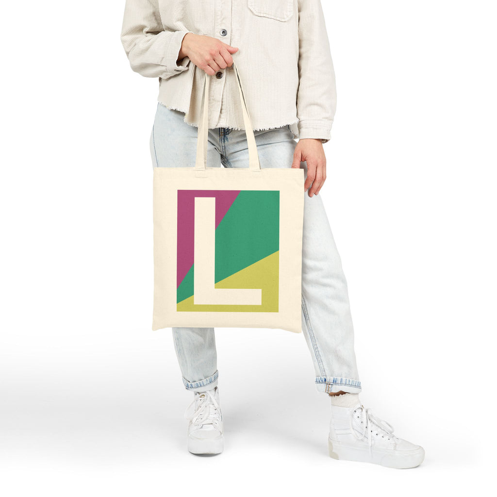Initial L Colorblock Canvas Tote Bag — Monogram Letter L Reusable Grocery Tote