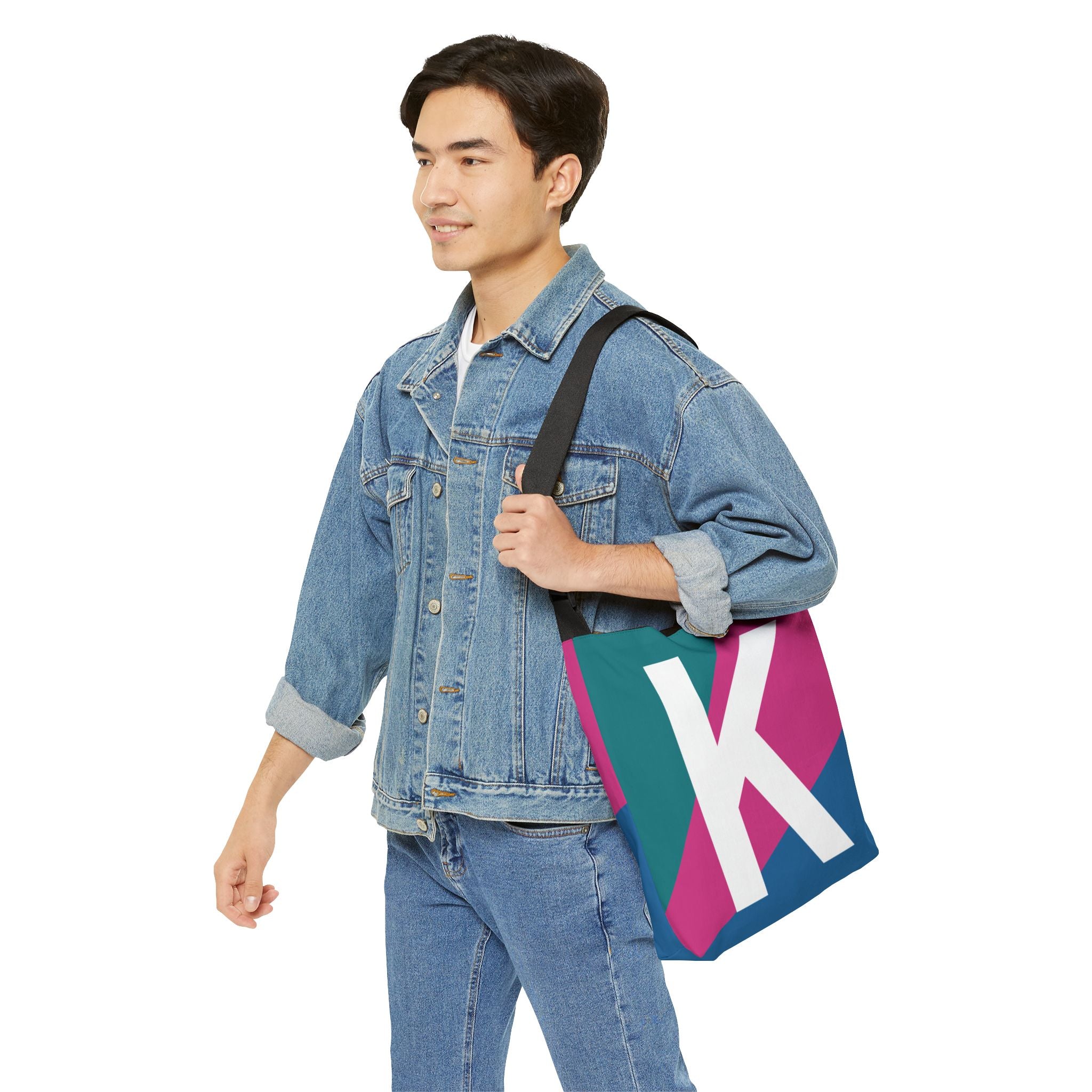 Initial Letter 'K' Colorblock Adjustable Tote Bag — Monogram Alphabet Shoulder Bag
