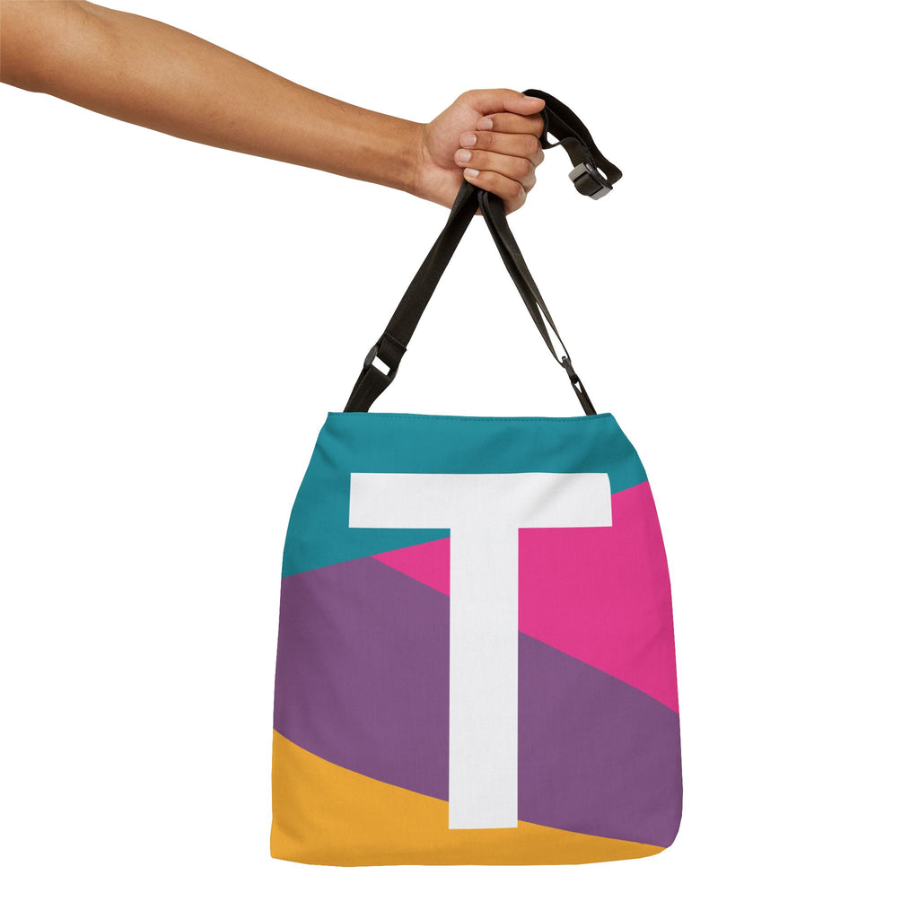 Initial Letter 'T' Colorblock Adjustable Tote Bag — Monogram Alphabet Shoulder Bag
