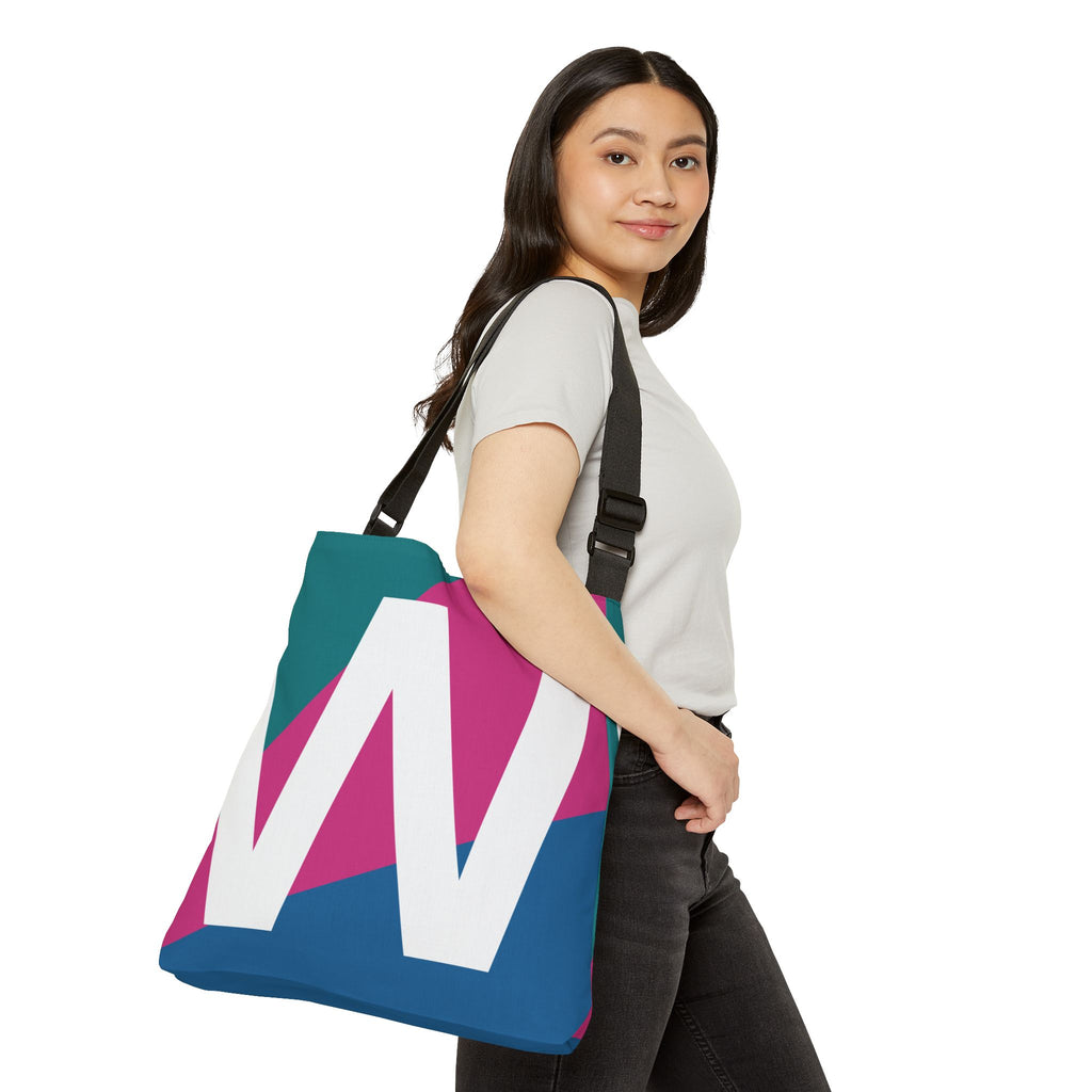 Initial Letter 'W' Colorblock Adjustable Tote Bag — Monogram Alphabet Shoulder Bag