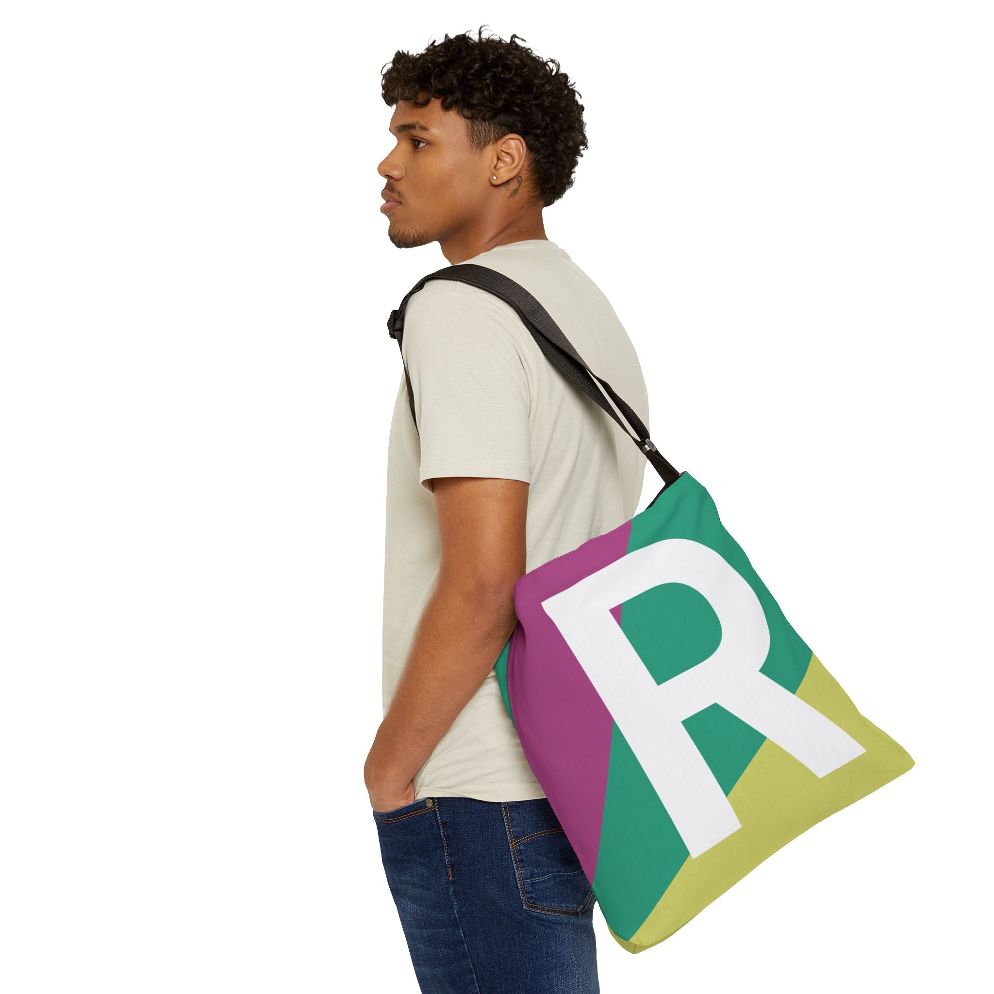 Initial Letter 'R' Colorblock Adjustable Tote Bag — Monogram Alphabet Shoulder Bag