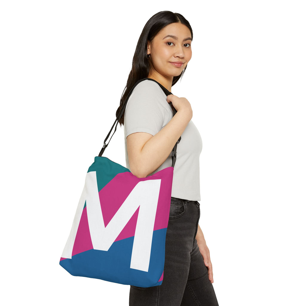 Initial Letter 'M' Colorblock Adjustable Tote Bag — Monogram Alphabet Shoulder Bag