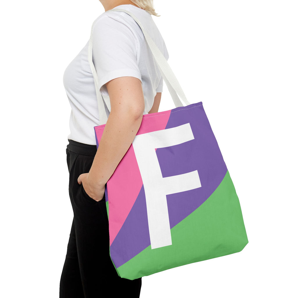Monogram 'F' Colorblock Tote Bag — Personalized Initial F Shoulder Tote