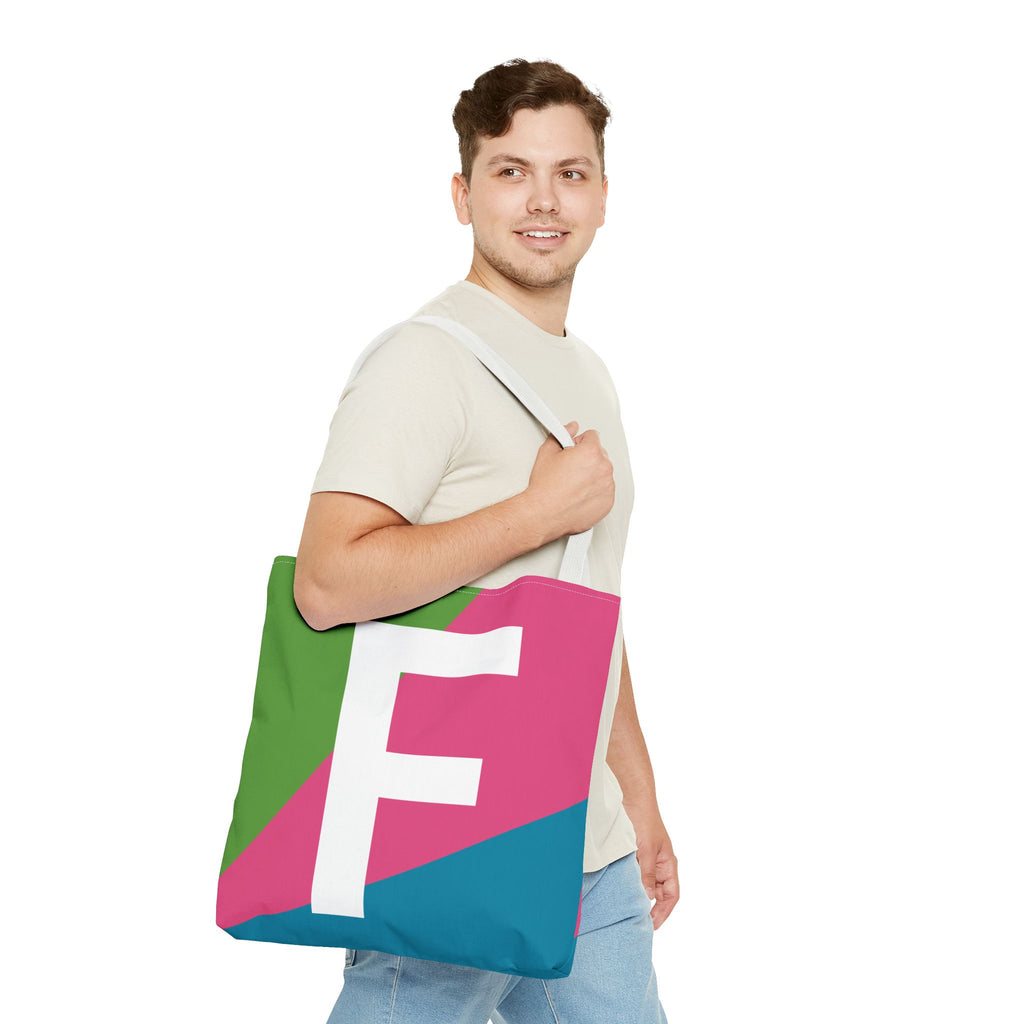 Monogram 'F' Colorblock Tote Bag — Personalized Initial F Shoulder Tote