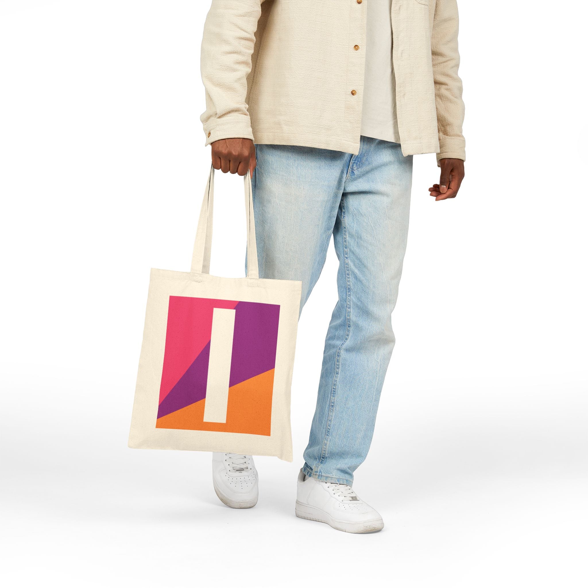 Initial I Colorblock Canvas Tote Bag — Monogram Letter I Reusable Grocery Tote