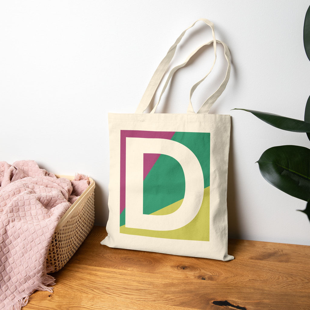 Initial D Colorblock Canvas Tote Bag — Monogram Letter D Reusable Grocery Tote