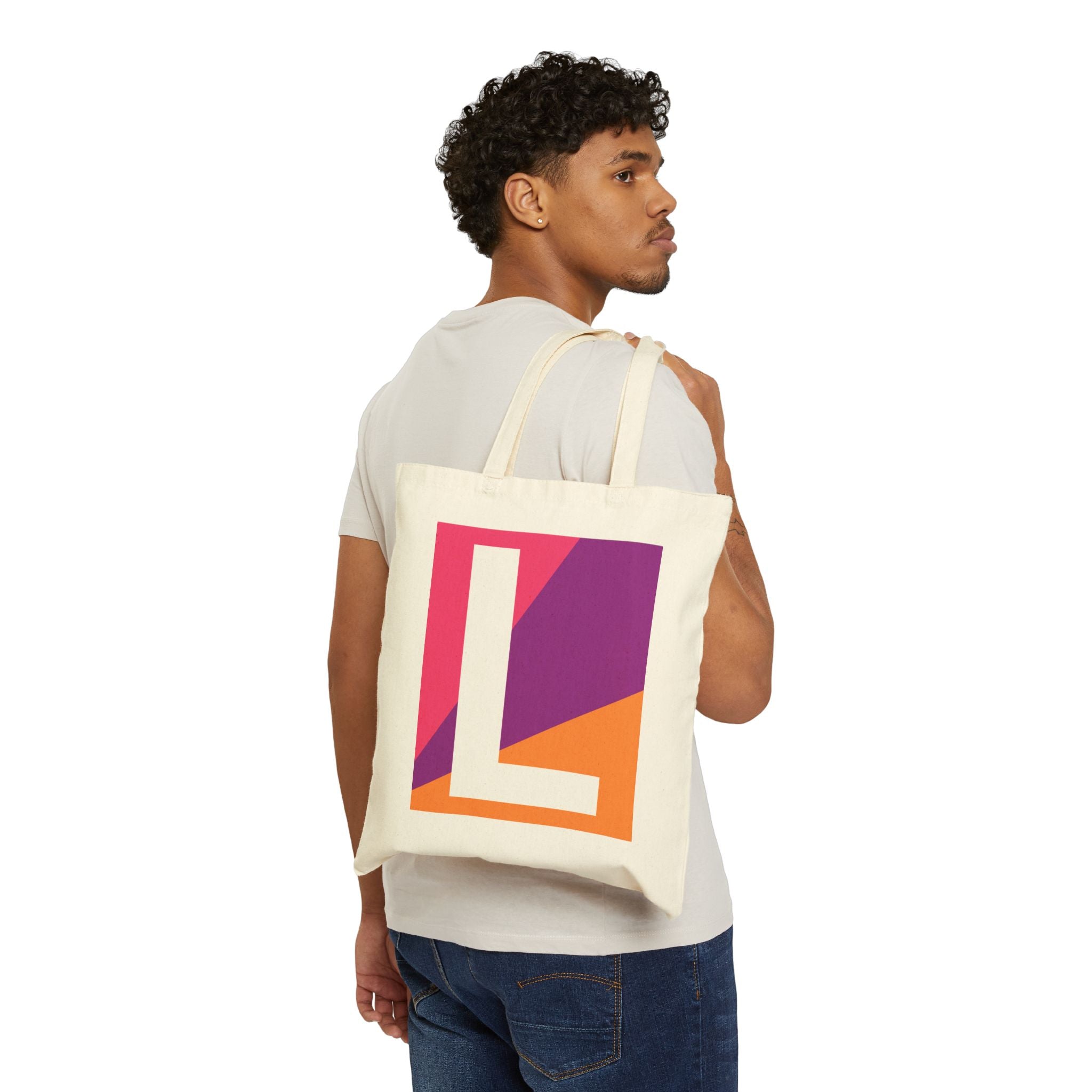 Initial L Colorblock Canvas Tote Bag — Monogram Letter L Reusable Grocery Tote