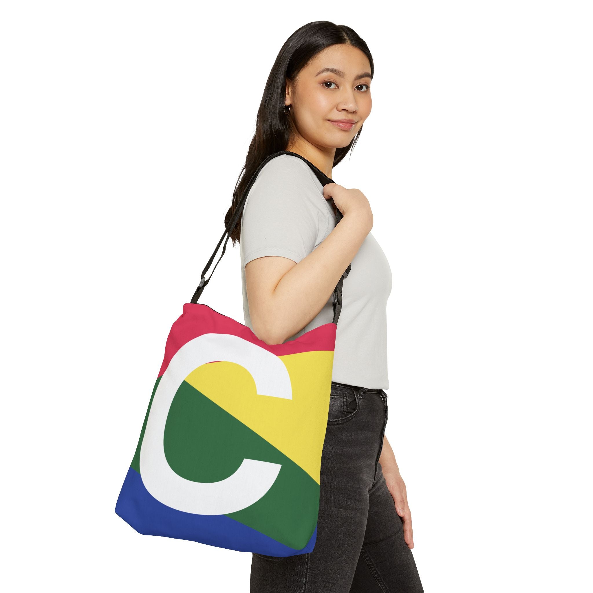 Initial Letter 'C' Colorblock Adjustable Tote Bag — Monogram Alphabet Shoulder Bag