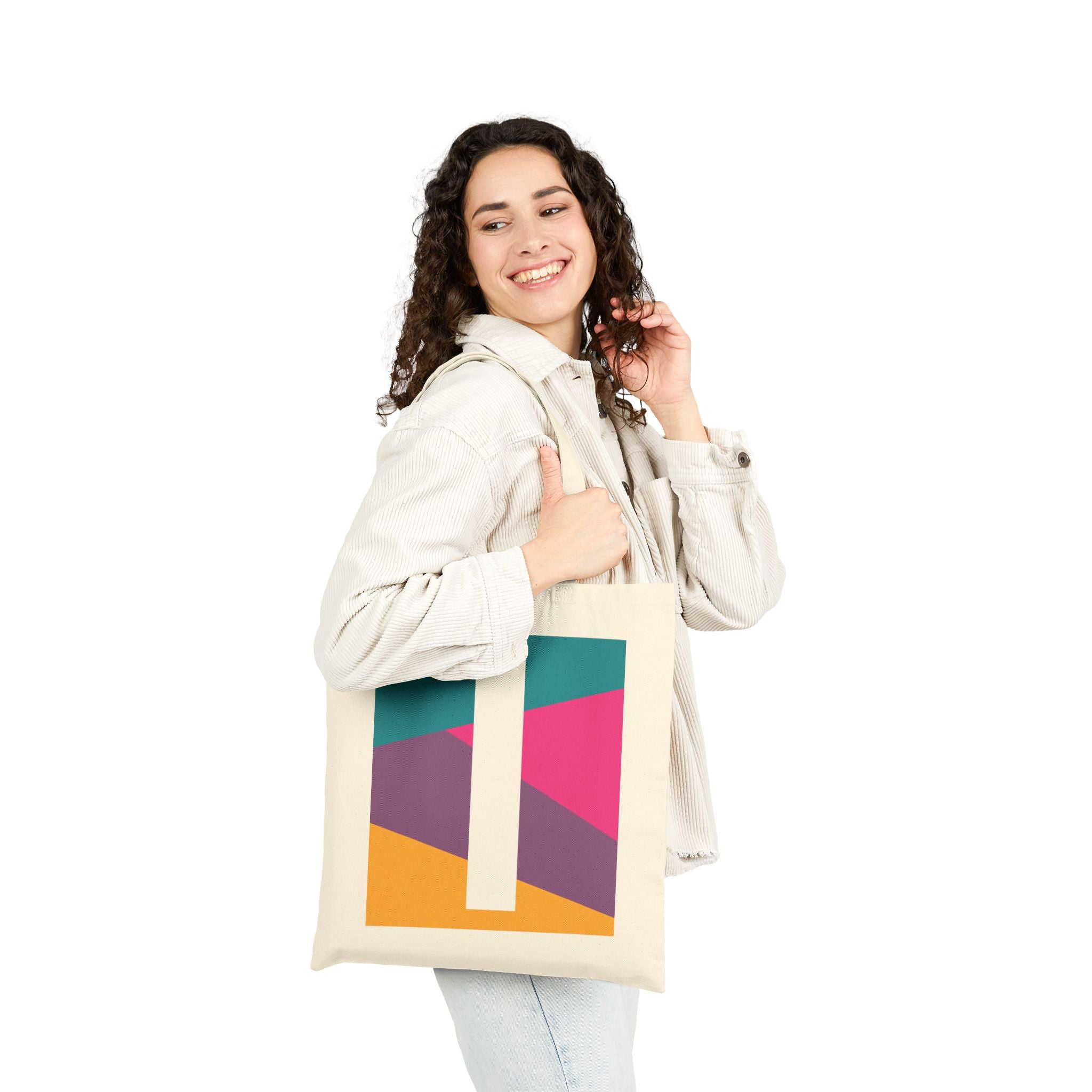 Initial I Colorblock Canvas Tote Bag — Monogram Letter I Reusable Grocery Tote