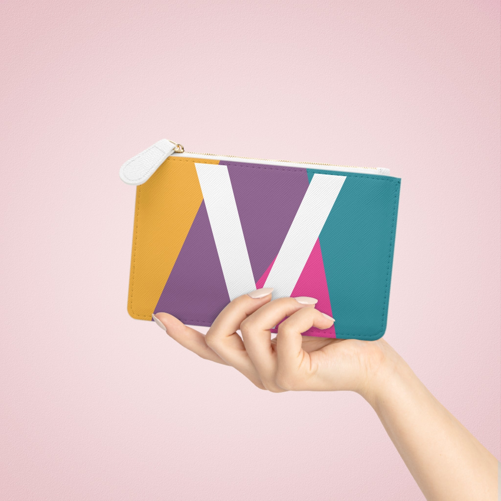 Initial V Mini Clutch — Colorblock Monogram Wristlet Wallet