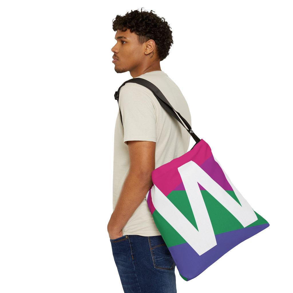Initial Letter 'W' Colorblock Adjustable Tote Bag — Monogram Alphabet Shoulder Bag