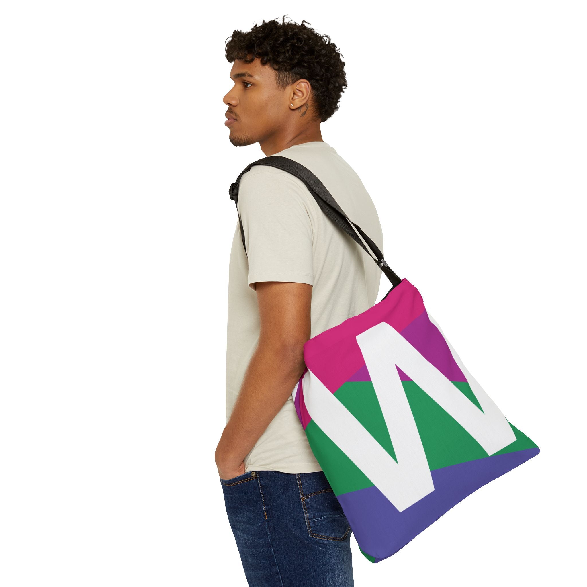 Initial Letter 'W' Colorblock Adjustable Tote Bag — Monogram Alphabet Shoulder Bag