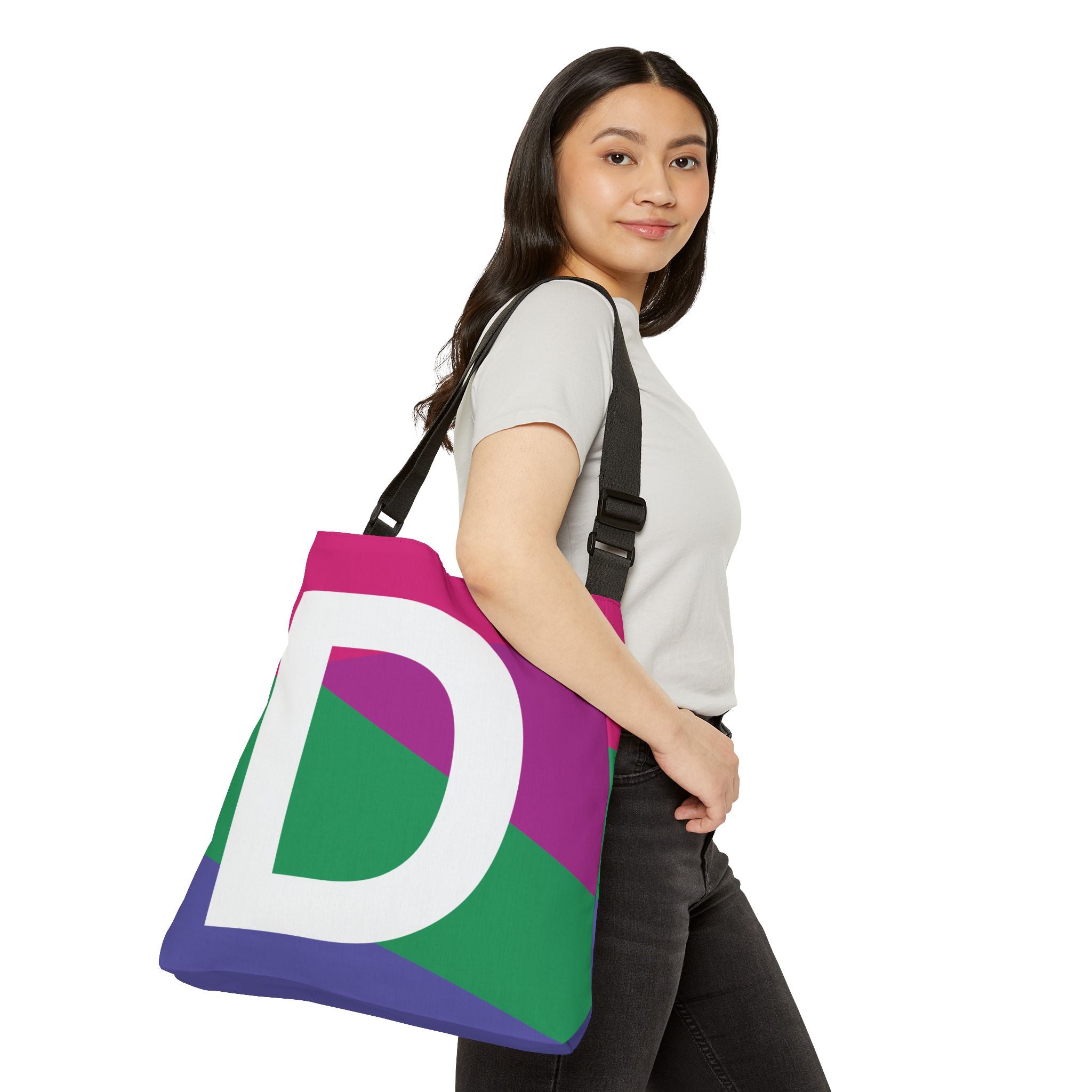 Initial Letter 'D' Colorblock Adjustable Tote Bag — Monogram Alphabet Shoulder Bag