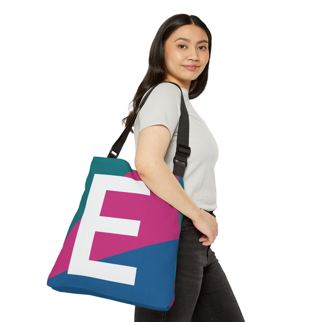 Initial Letter 'E' Colorblock Adjustable Tote Bag — Monogram Alphabet Shoulder Bag