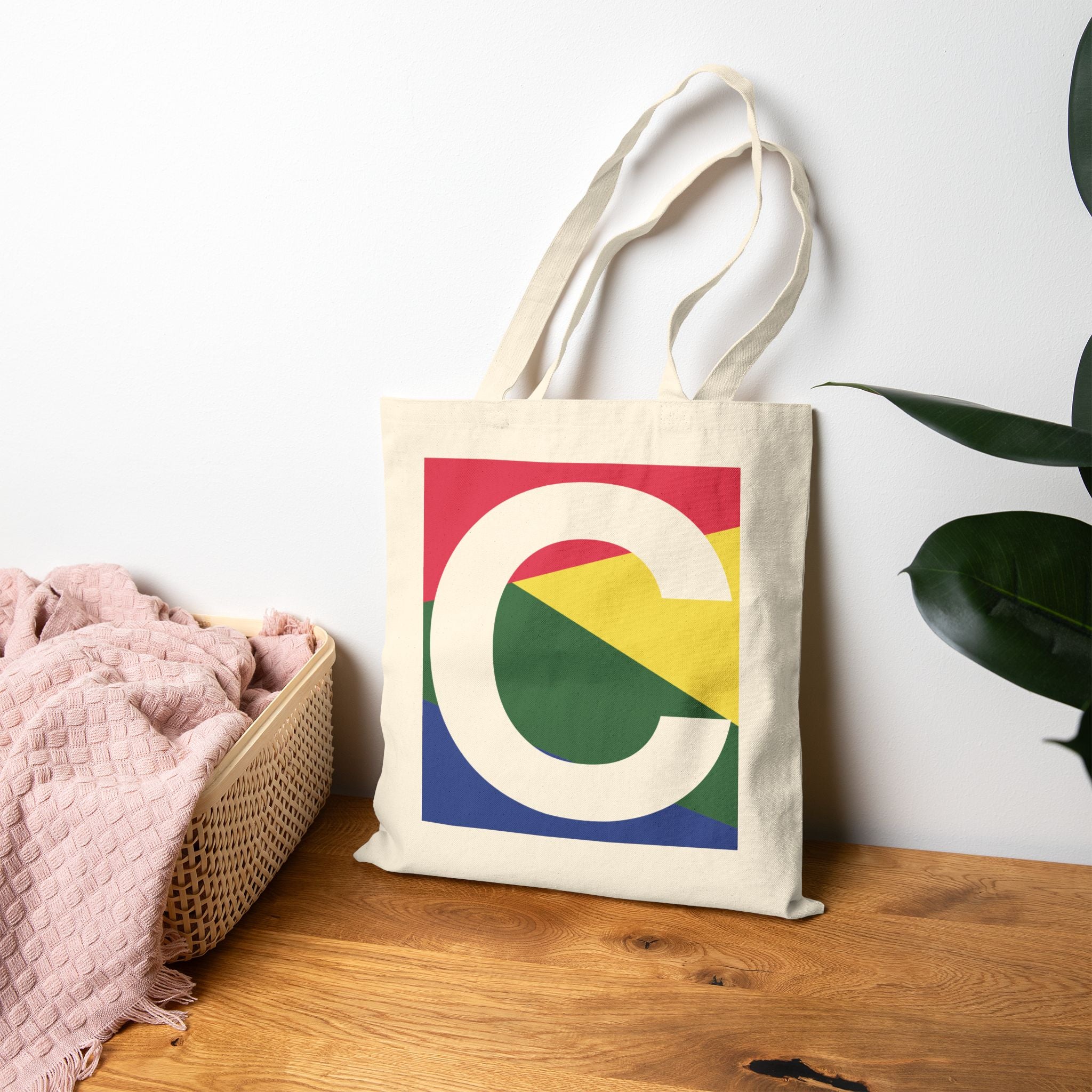 Initial C Colorblock Canvas Tote Bag — Monogram Letter C Reusable Grocery Tote