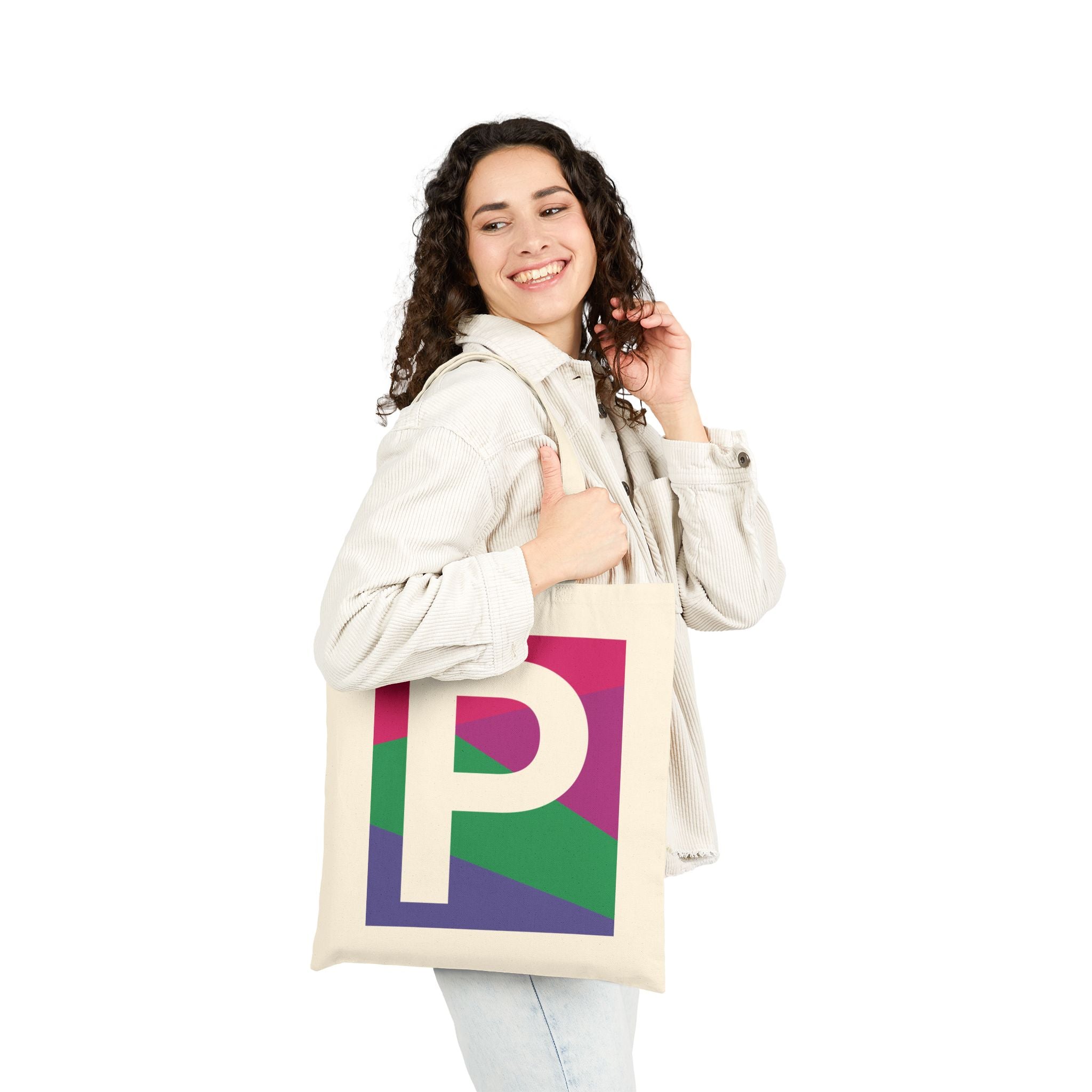 Initial P Colorblock Canvas Tote Bag — Monogram Letter P Reusable Grocery Tote