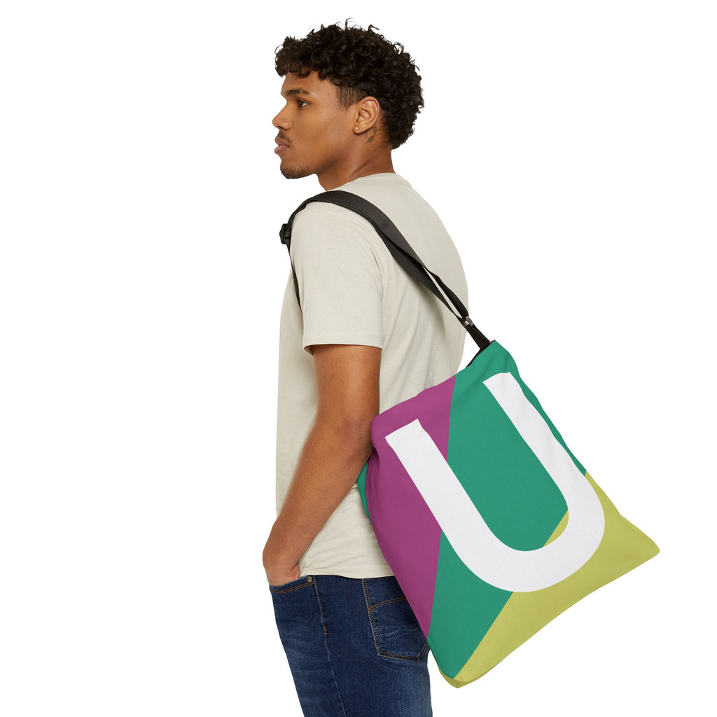Initial Letter 'U' Colorblock Adjustable Tote Bag — Monogram Alphabet Shoulder Bag
