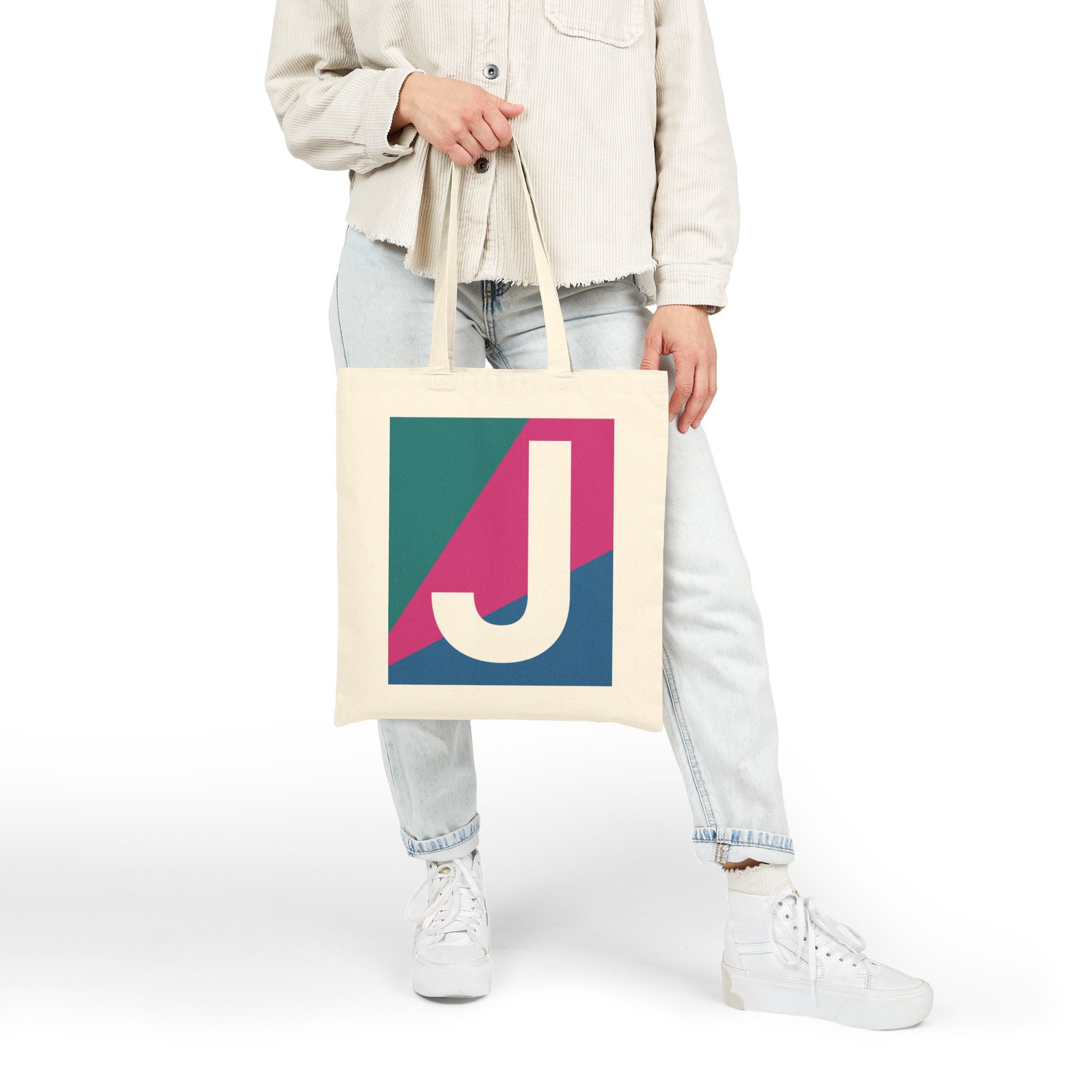 Initial J Colorblock Canvas Tote Bag — Monogram Letter J Reusable Grocery Tote