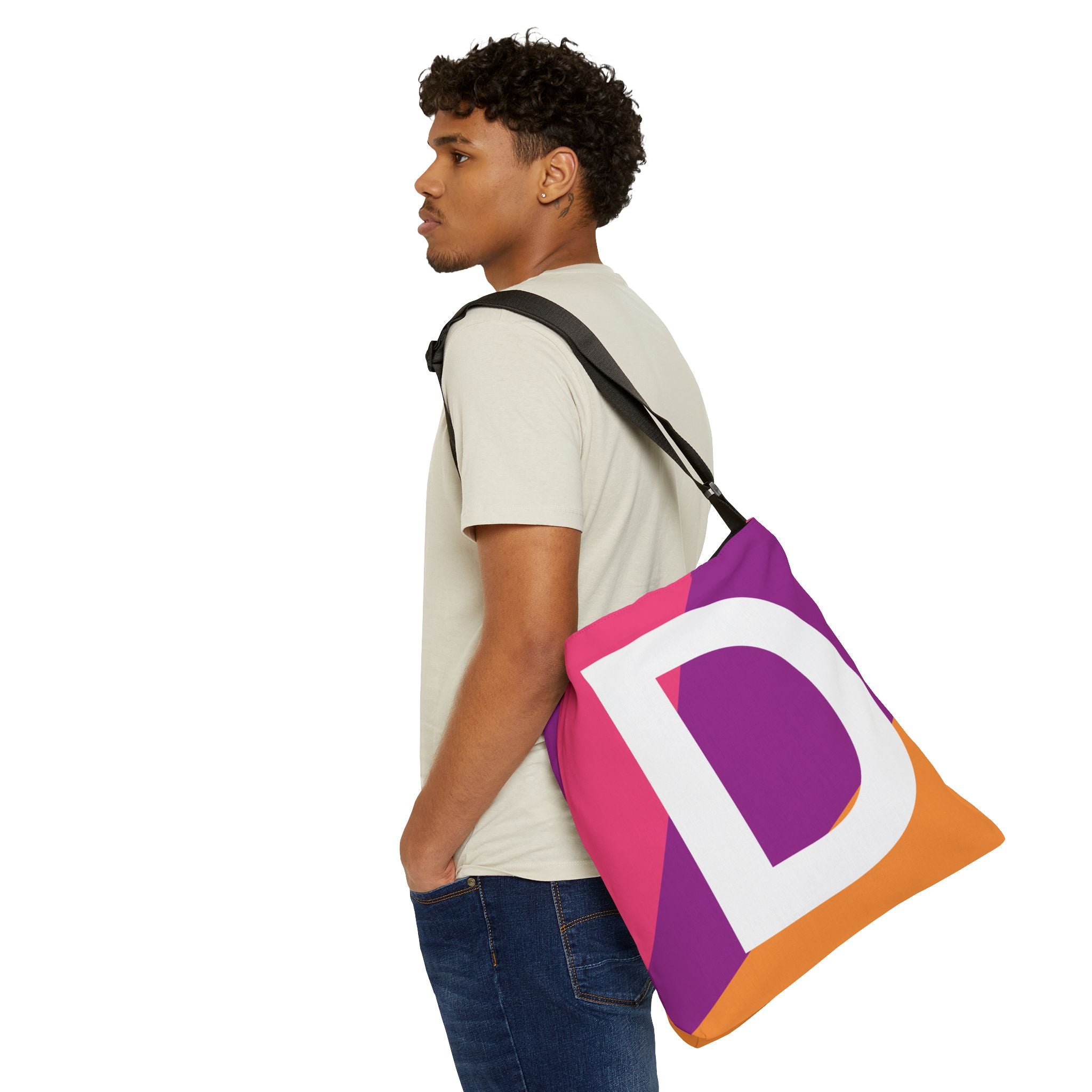 Initial Letter 'D' Colorblock Adjustable Tote Bag — Monogram Alphabet Shoulder Bag