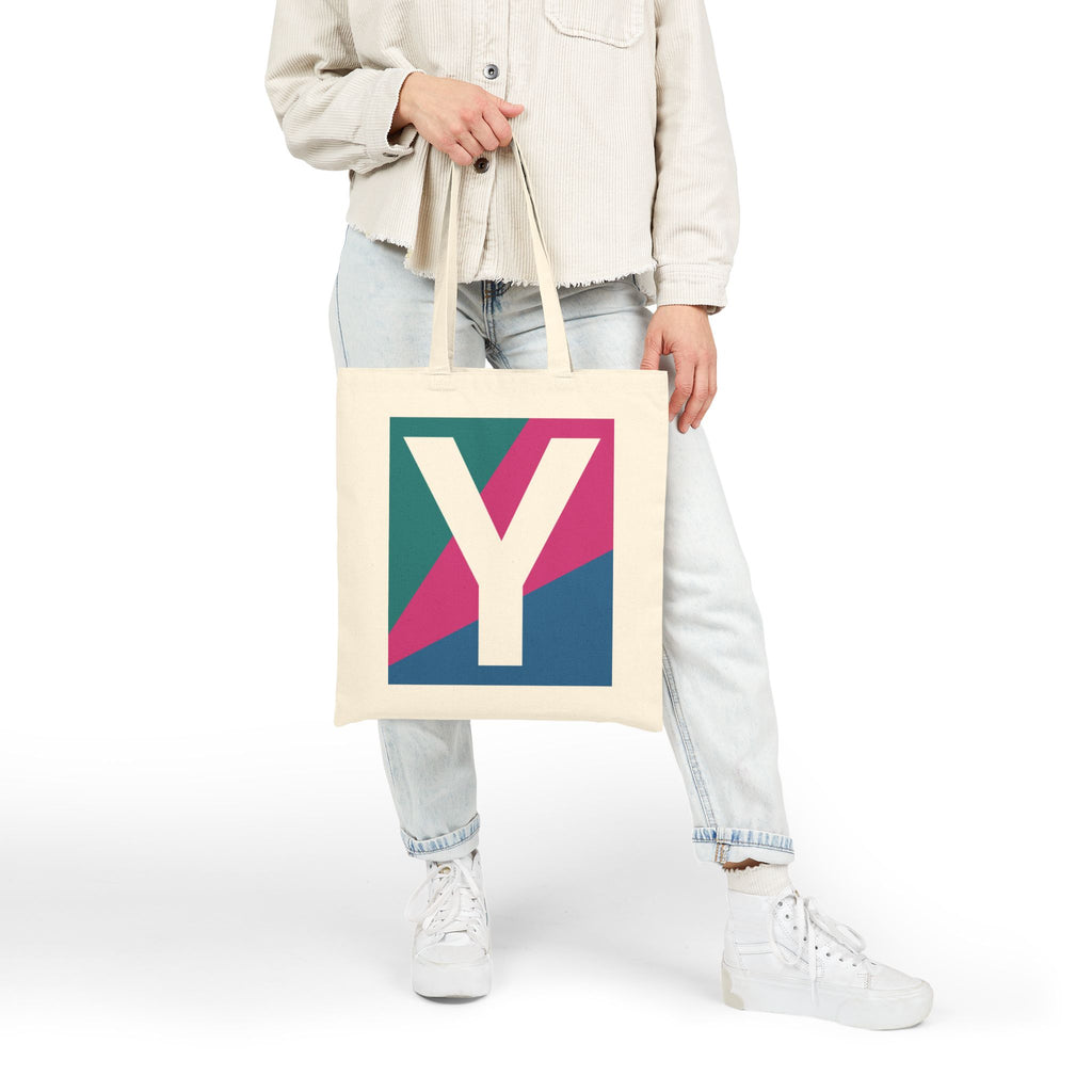 Initial Y Colorblock Canvas Tote Bag — Monogram Letter Y Reusable Grocery Tote