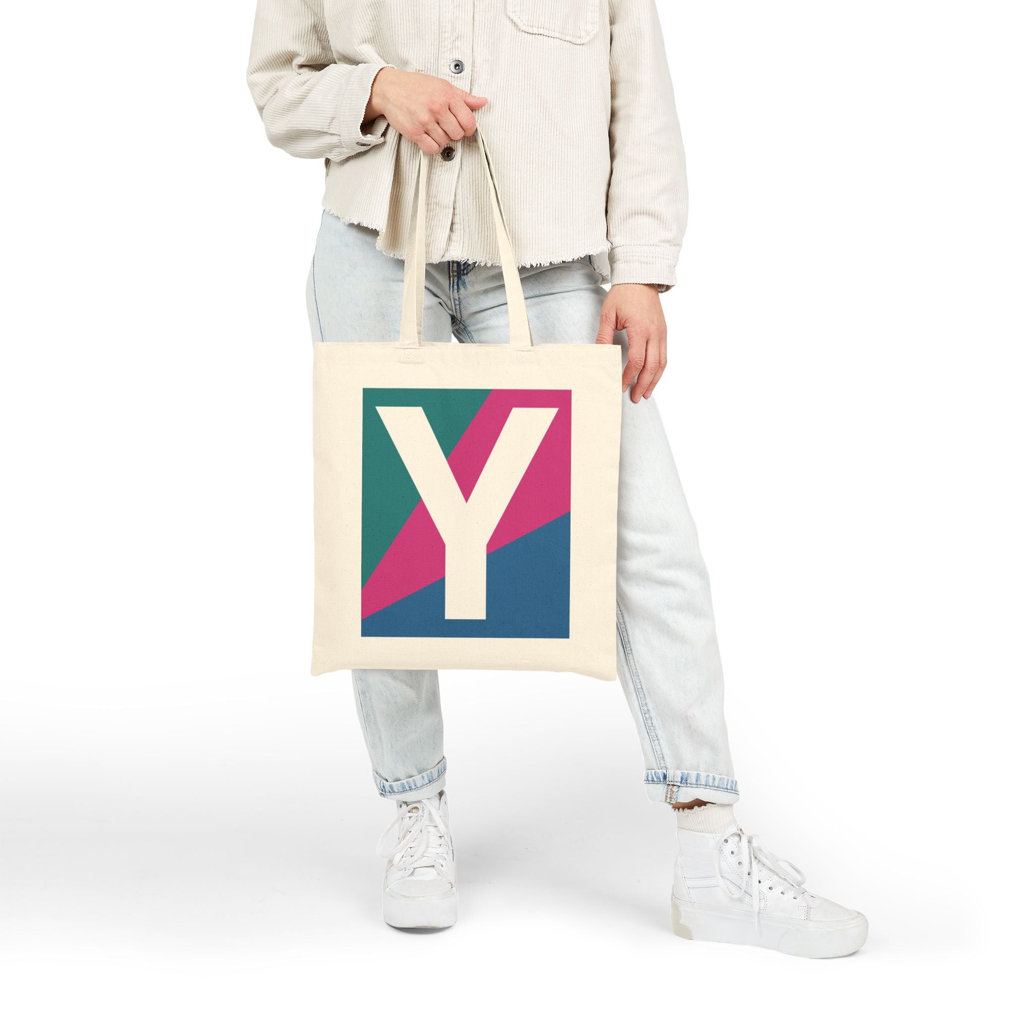 Initial Y Colorblock Canvas Tote Bag — Monogram Letter Y Reusable Grocery Tote