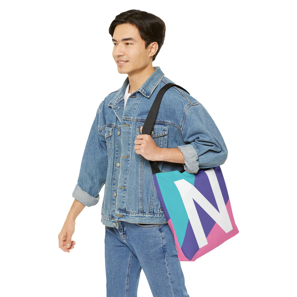 Initial Letter 'N' Colorblock Adjustable Tote Bag — Monogram Alphabet Shoulder Bag