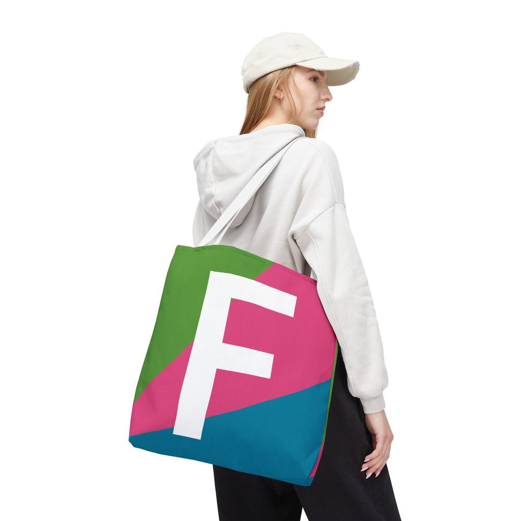 Monogram 'F' Colorblock Tote Bag — Personalized Initial F Shoulder Tote