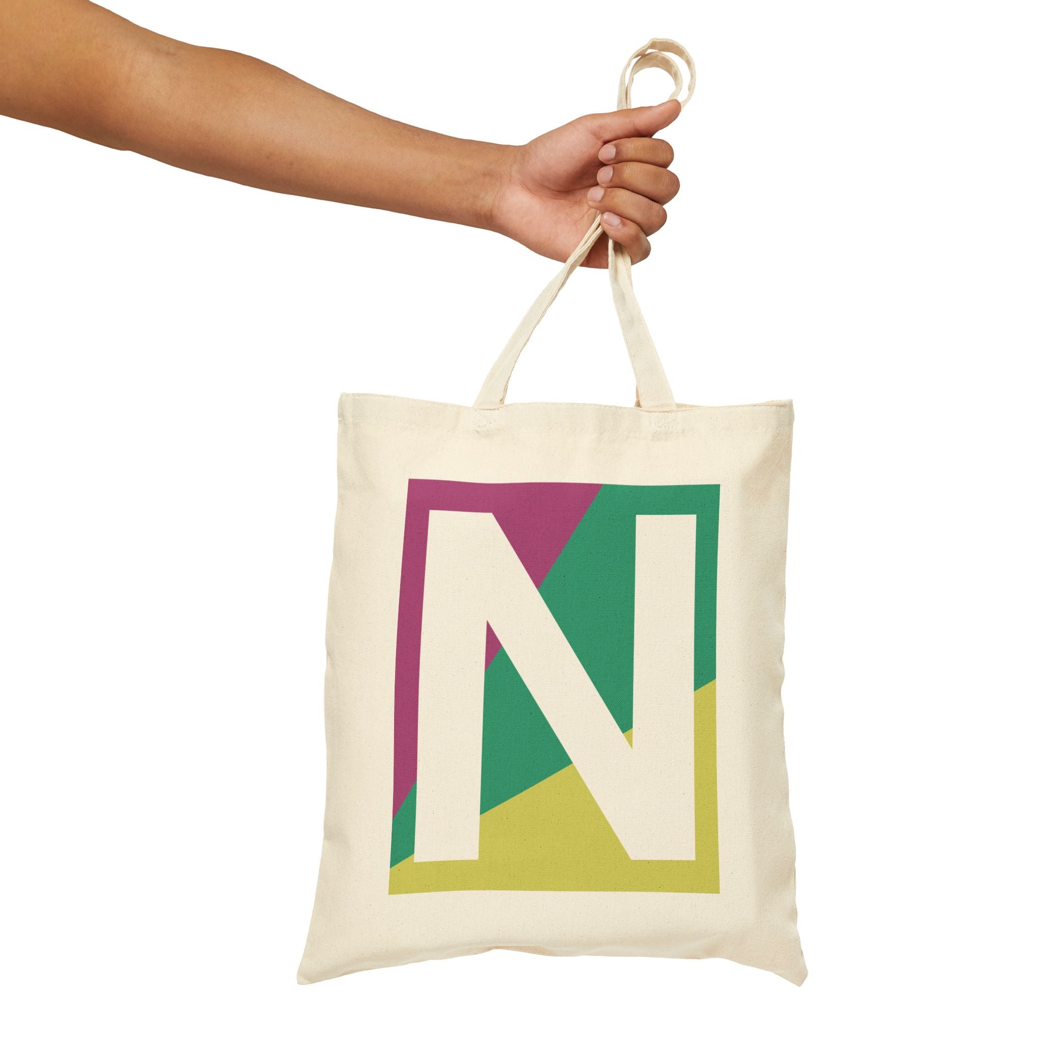 Initial N Colorblock Canvas Tote Bag — Monogram Letter N Reusable Grocery Tote